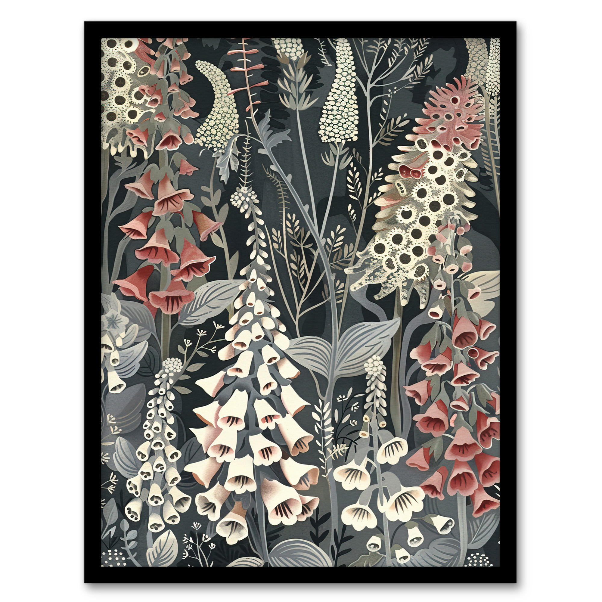 Dark Foxglove Forest Flowers Artwork Grey Floral Wall Art Poster Print