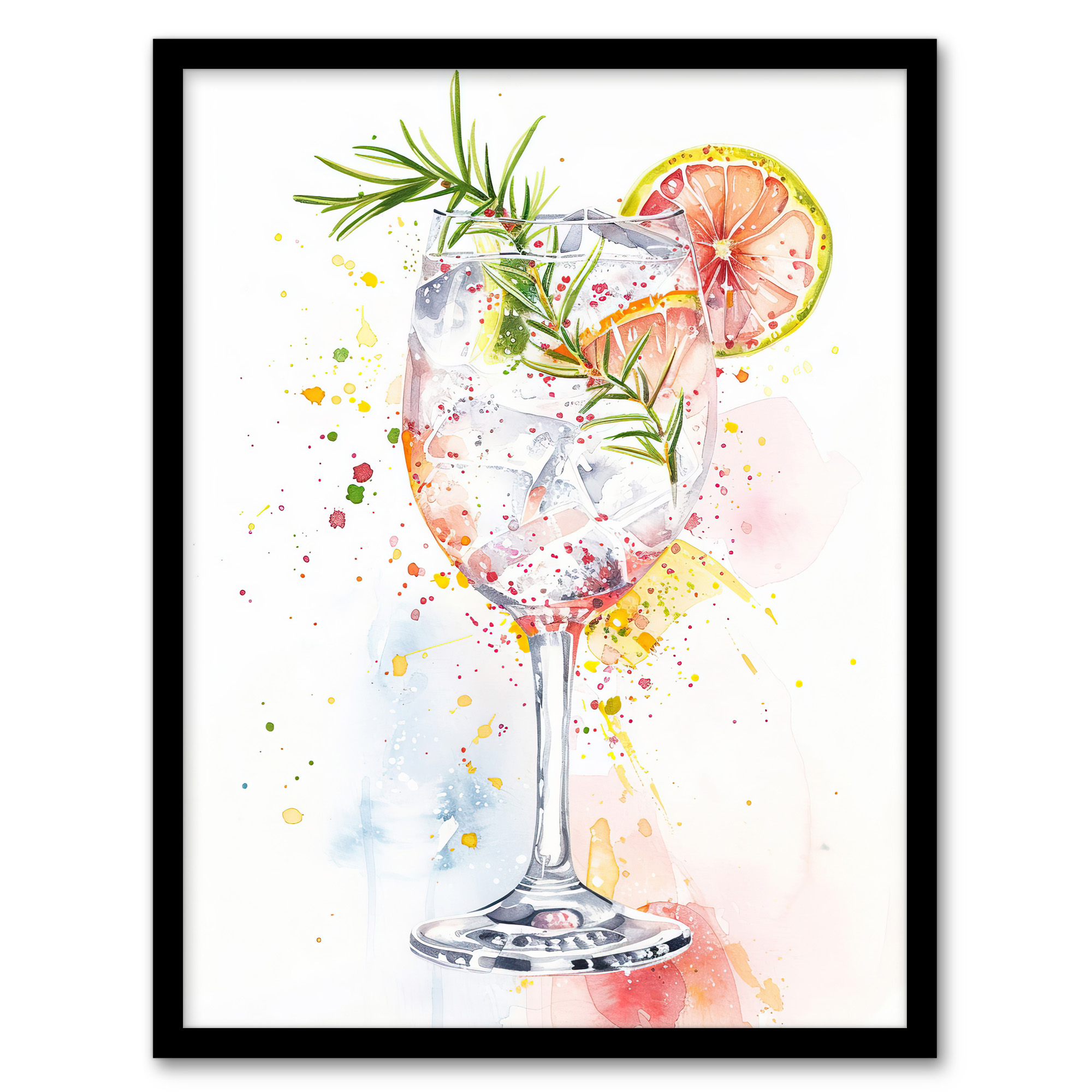 Gin Tonic Cocktail Rosemary Watercolour Modern Wall Art Poster Print