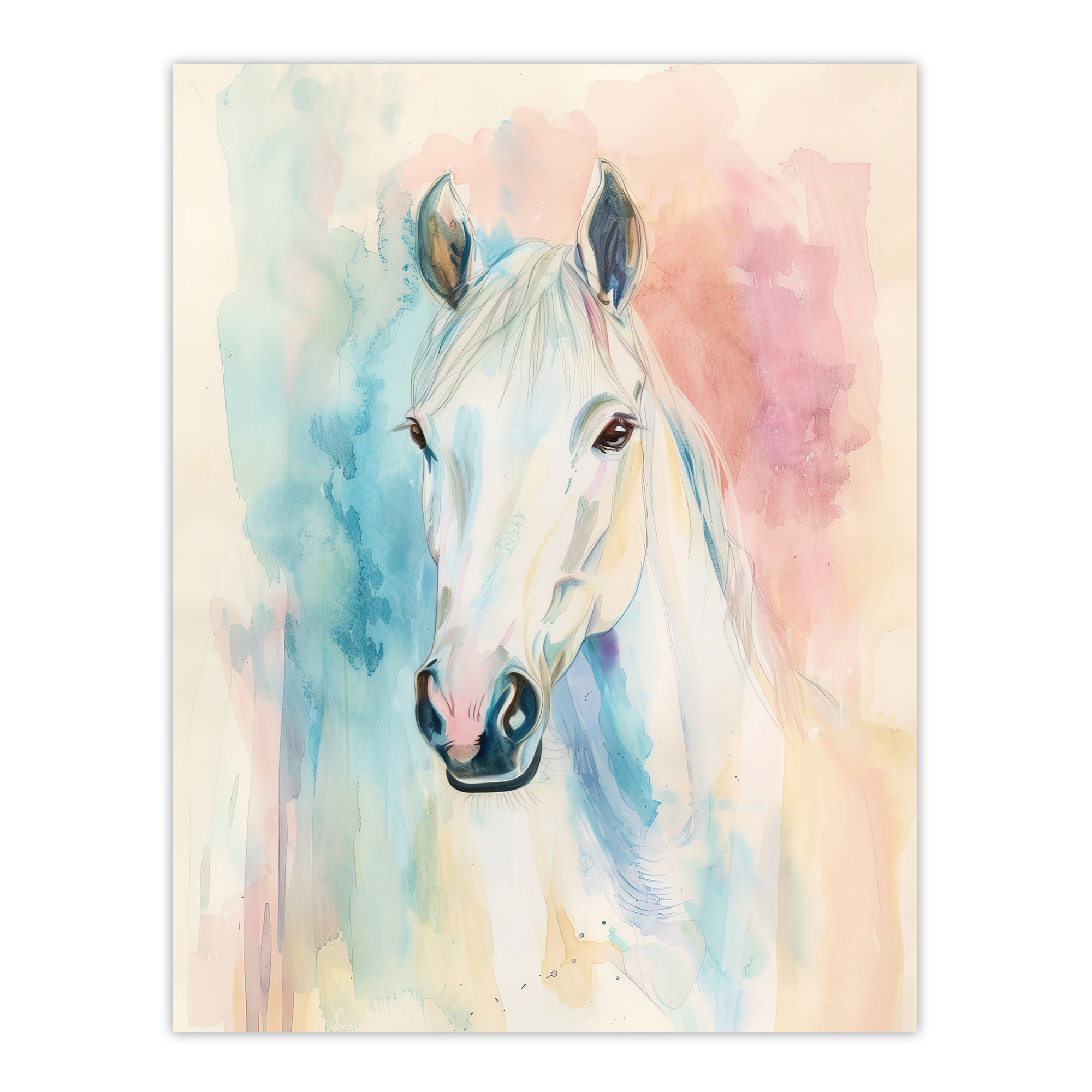 Pastel Watercolour White Horse Head Portrait Wall Art Poster Print
