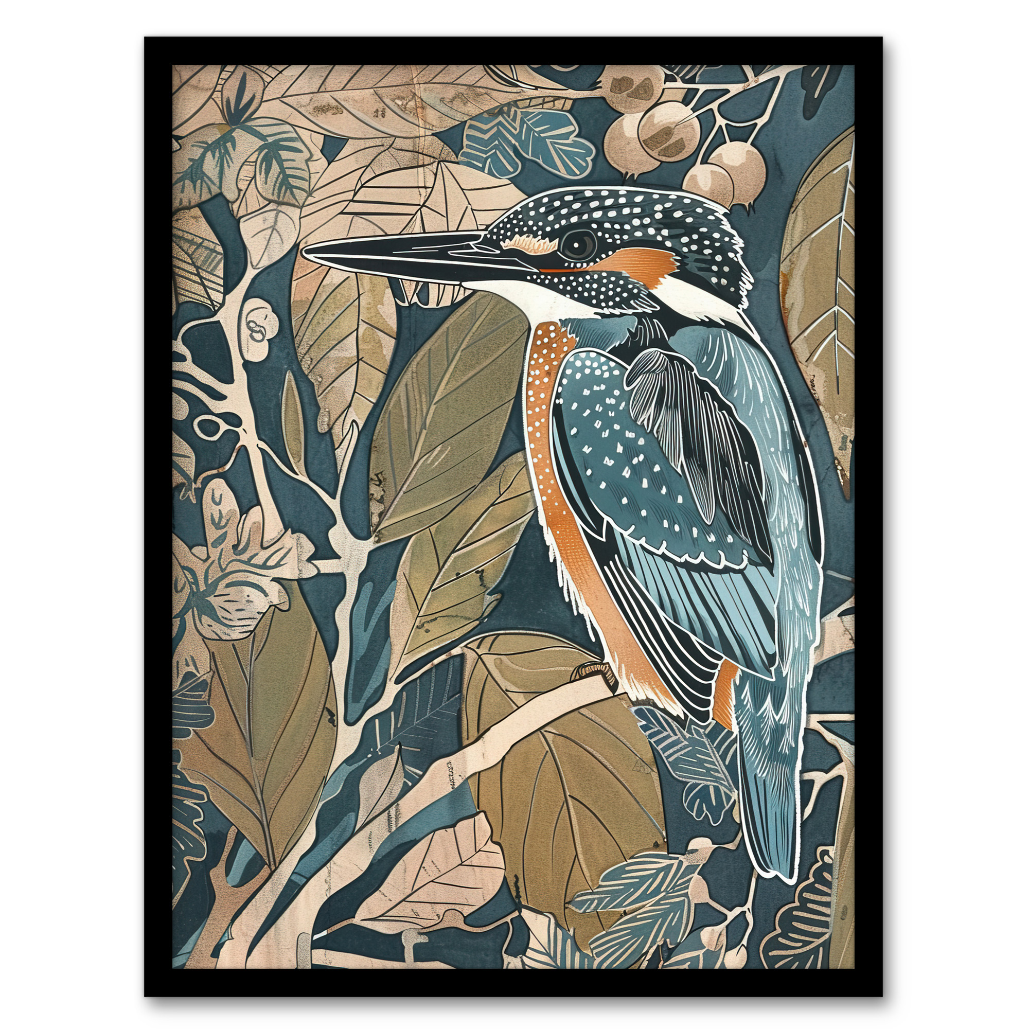 Kingfisher Bird on Tree Branch Blue Botanical Wall Art Poster Print