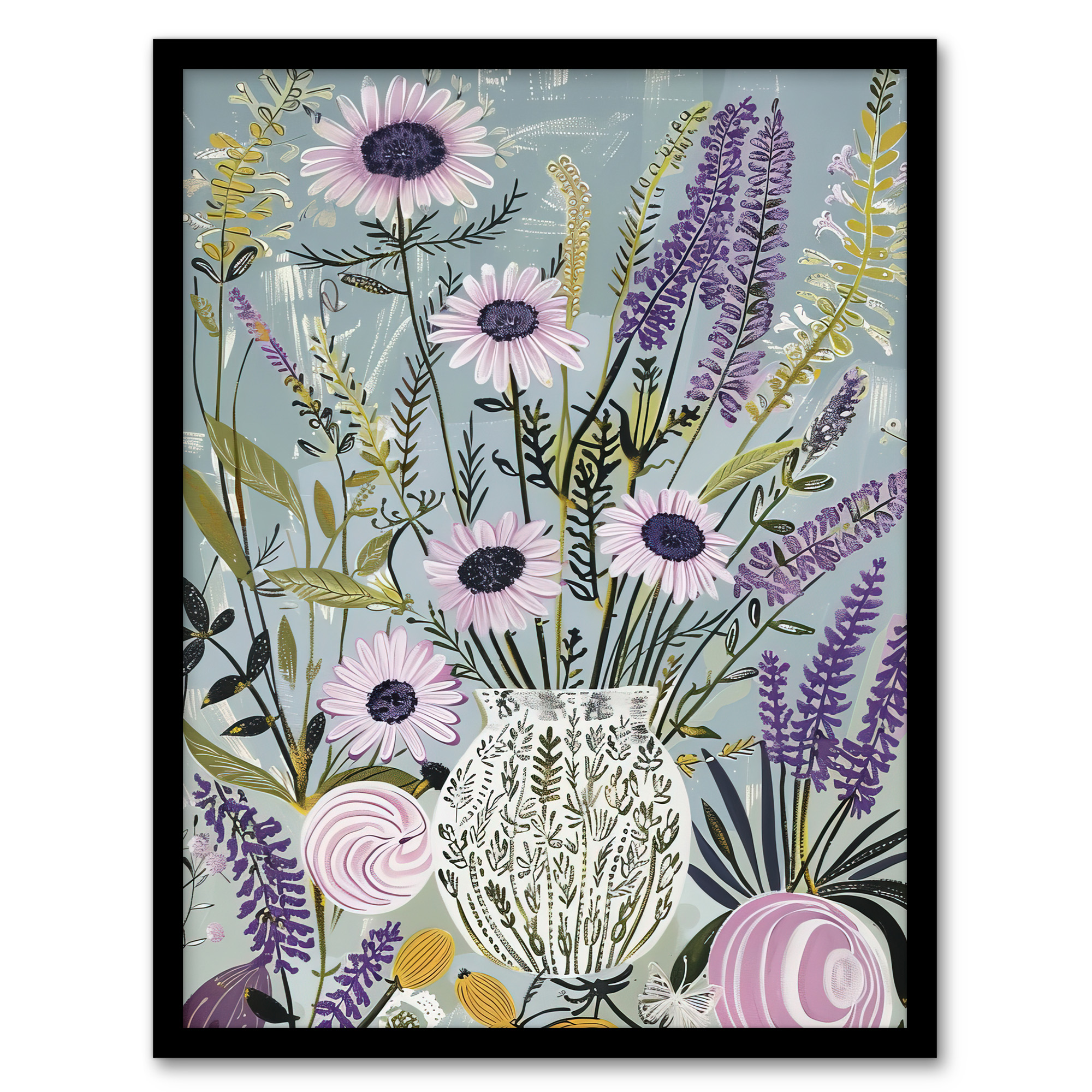 Lavender Wildflowers Bouquet in Vase Fun Rustic Wall Art Poster Print