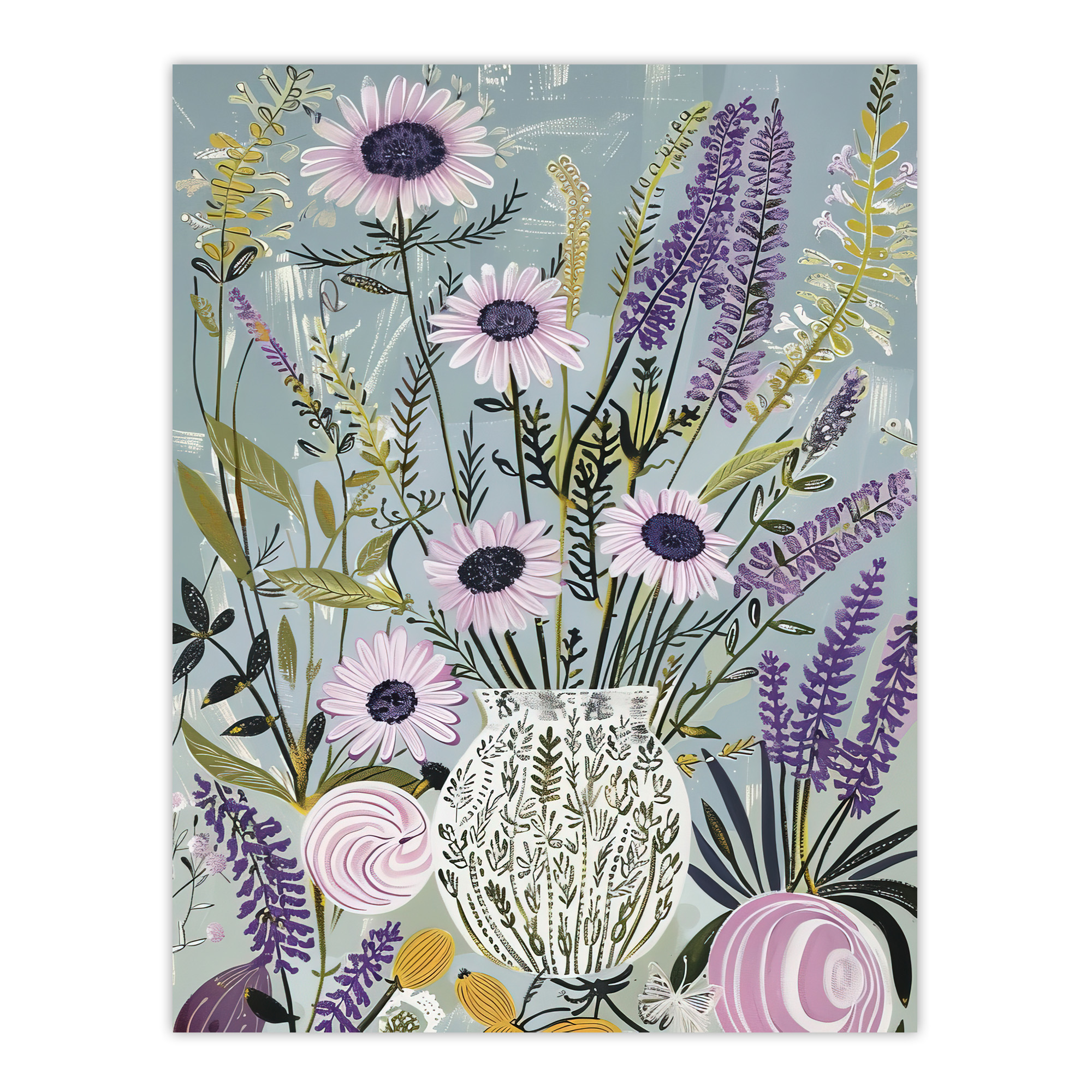 Lavender Wildflowers Bouquet in Vase Fun Rustic Wall Art Poster Print