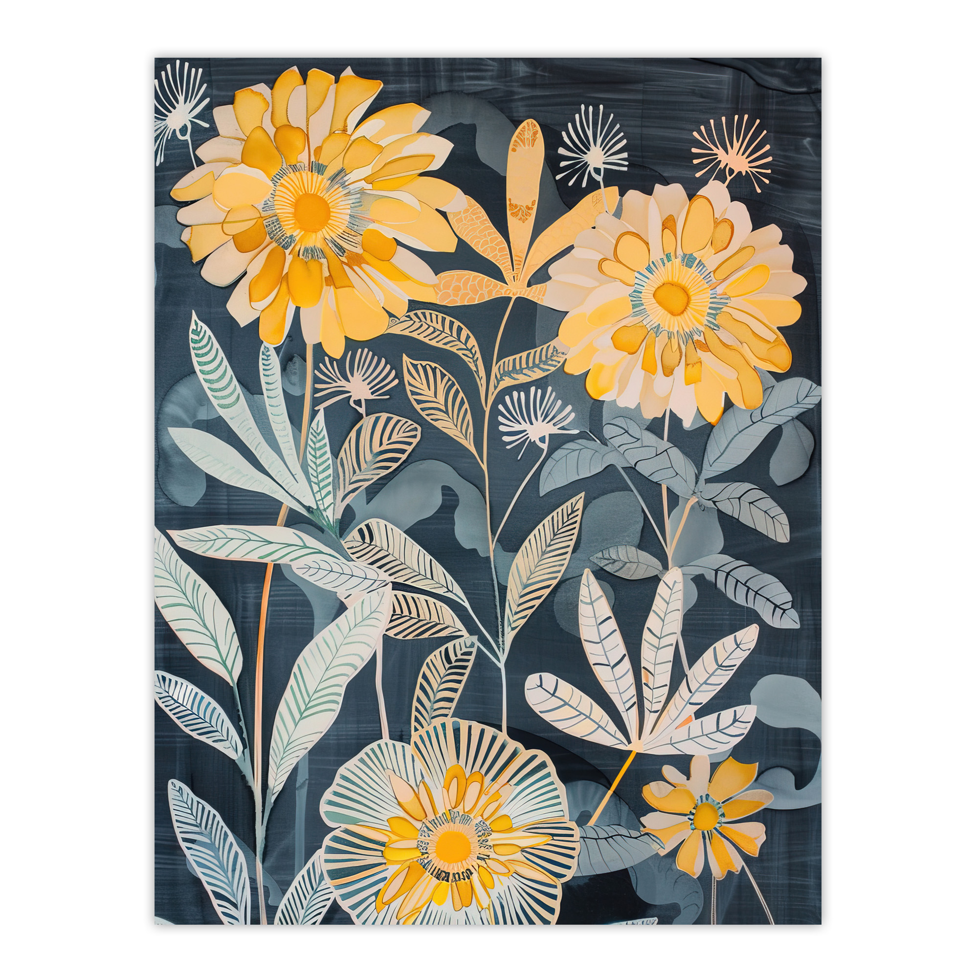 Marigold Flowers Artwork Dark Forest Floral Blue Wall Art Poster Print