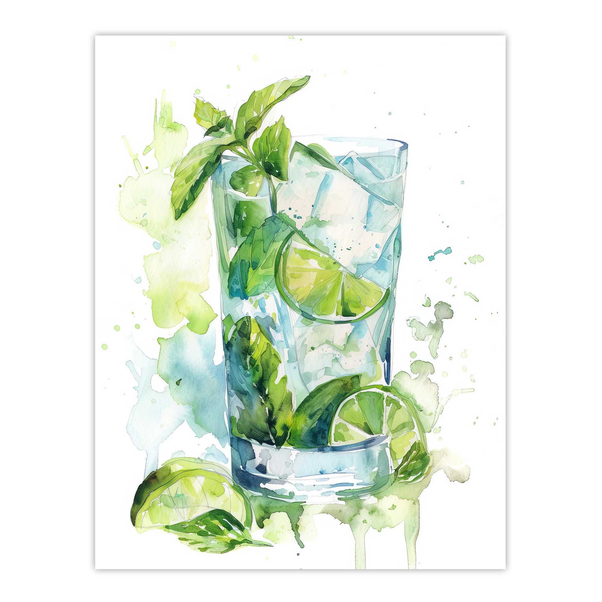Classic Mojito Cocktail Modern Watercolour Mint Wall Art Poster Print