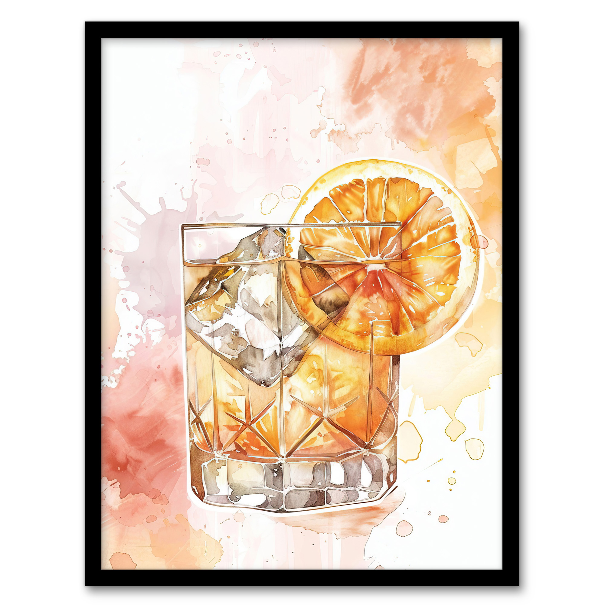 Classic Old Fashioned Cocktail Orange Watercolour Wall Art Poster Print