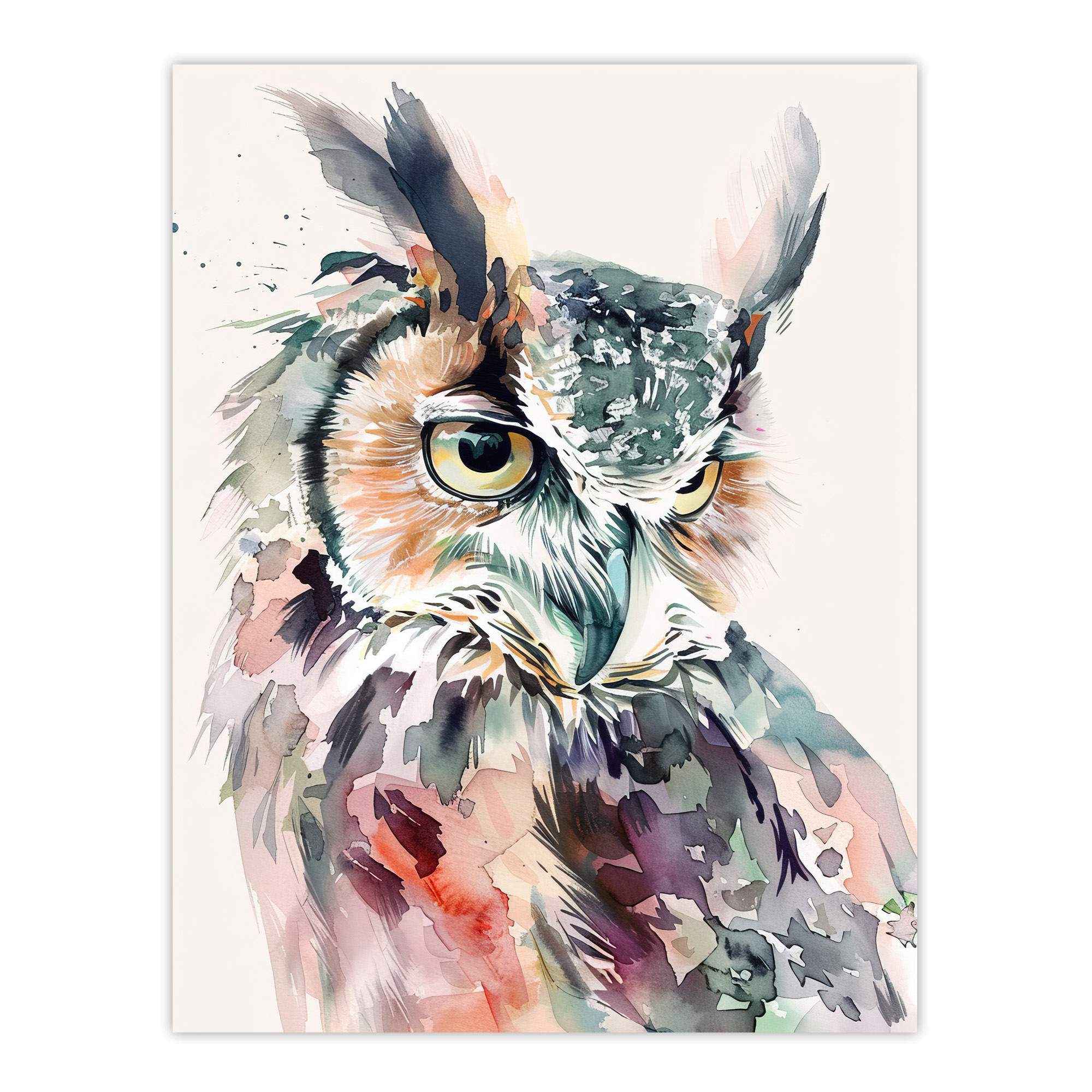 Great Horned Owl Portrait Modern Watercolour Wall Art Poster Print