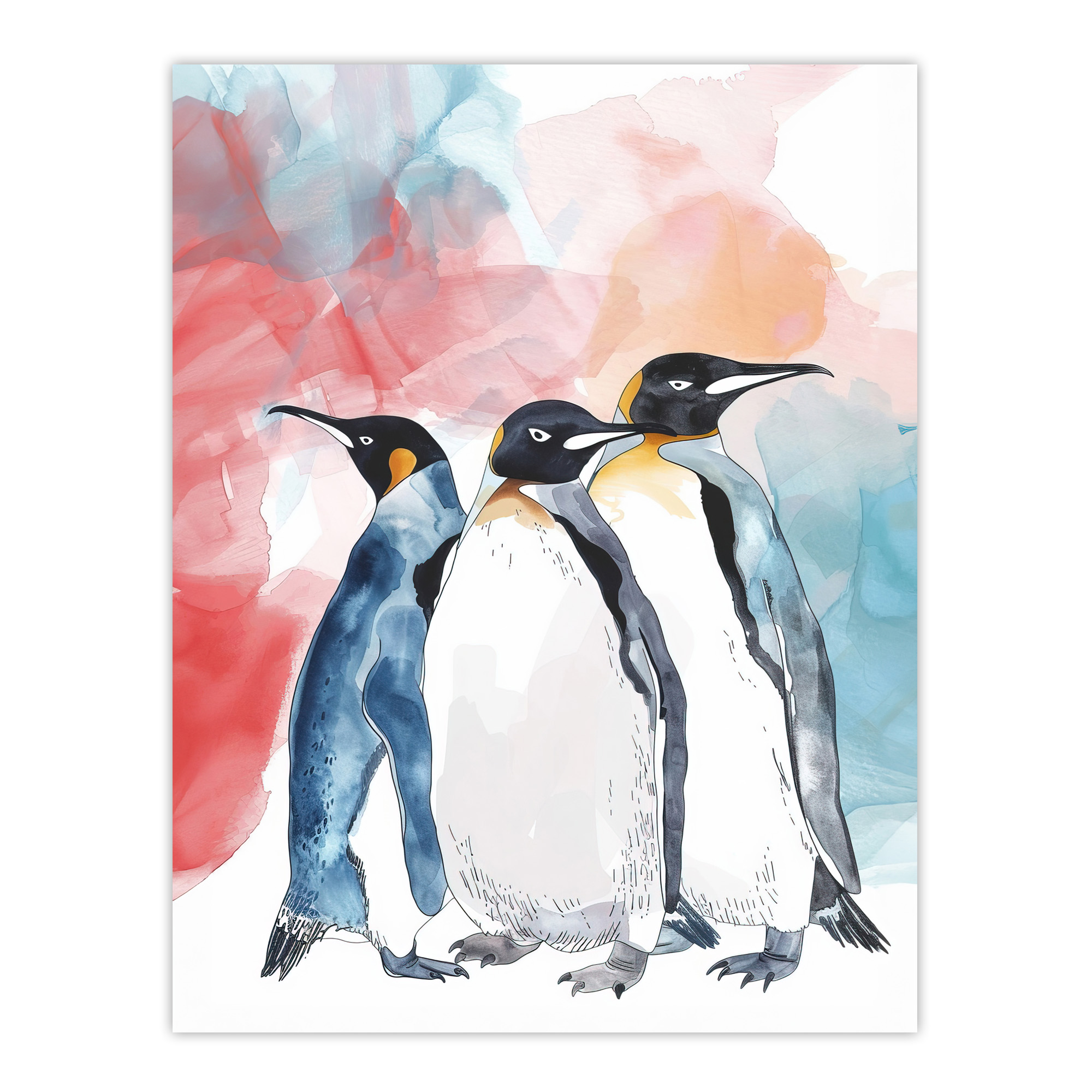 Three Penguins Colourful Animal Watercolour Wall Art Poster Print
