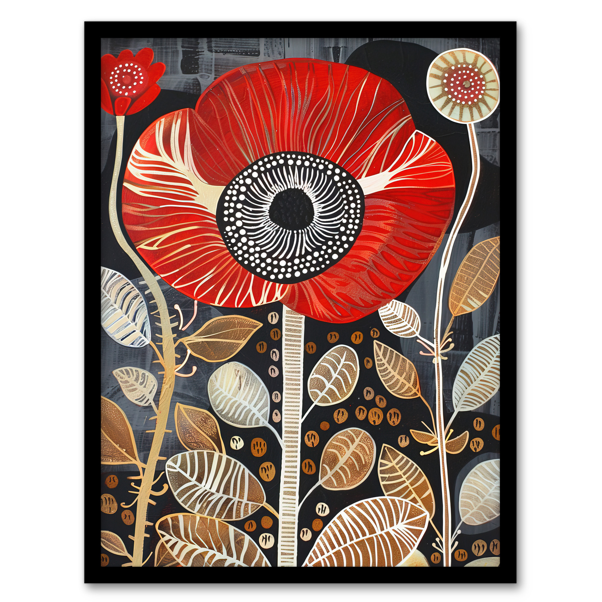 Poppy Flower Red Gold Grey Modern Folk Art Wall Art Poster Print