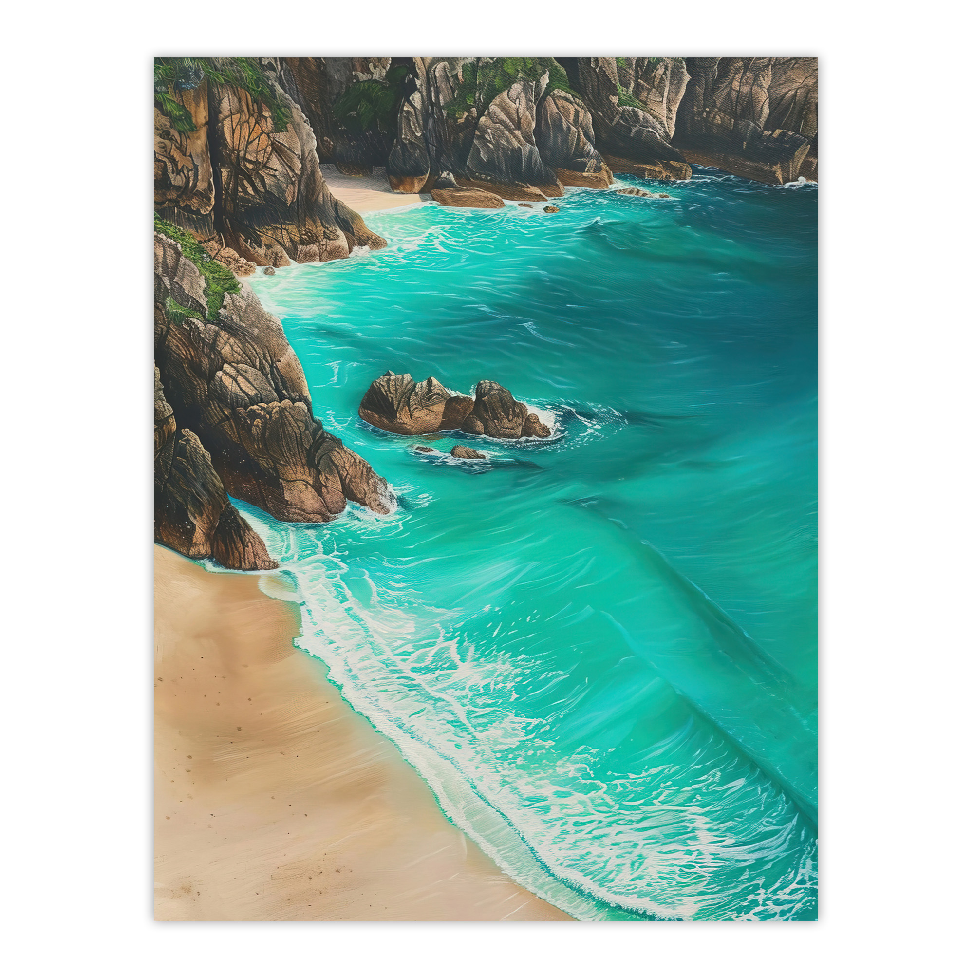 Porthcurno Beach Cliffs Aerial View Landscape Wall Art Poster Print