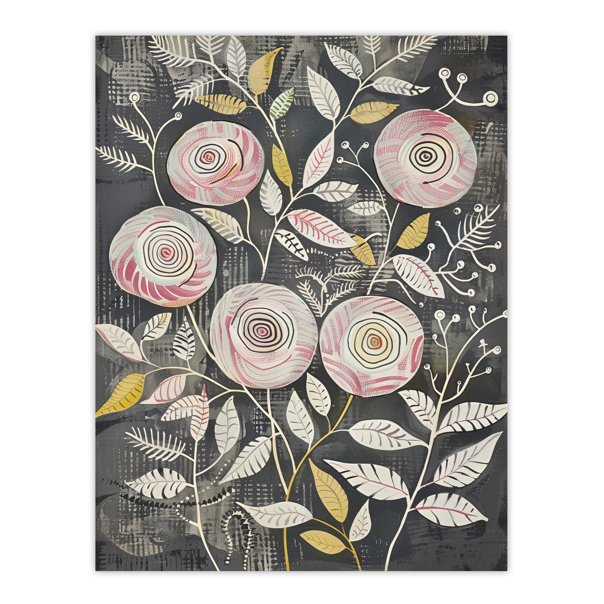 Rose Flowers Pink Grey Folk Art Patterns Wall Art Poster Print