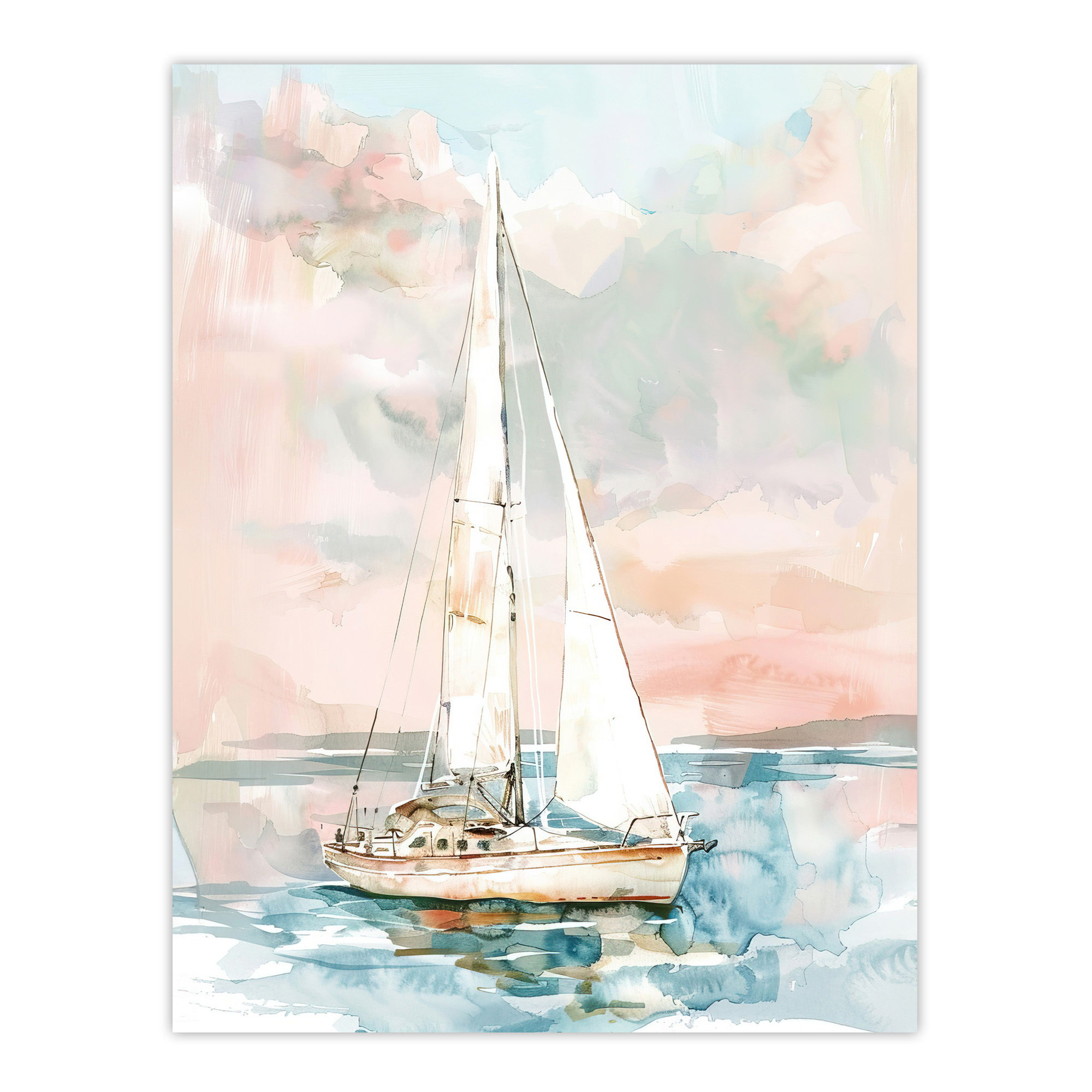 Sailboat Early Morning Seascape Watercolour Wall Art Poster Print