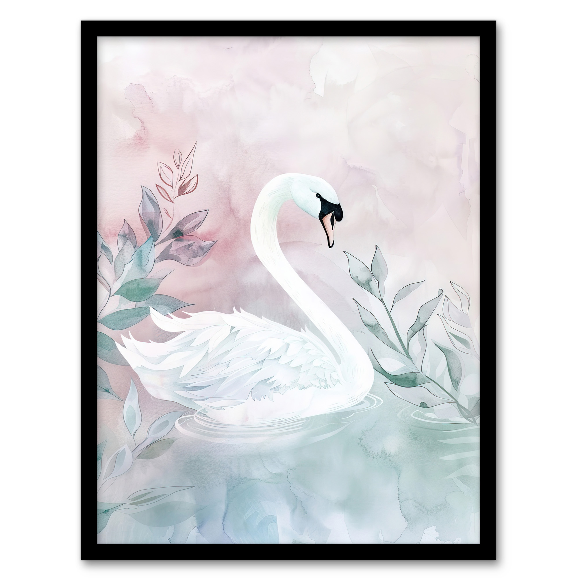 Lake Swan Pink Green Light Watercolour Painting Wall Art Poster Print