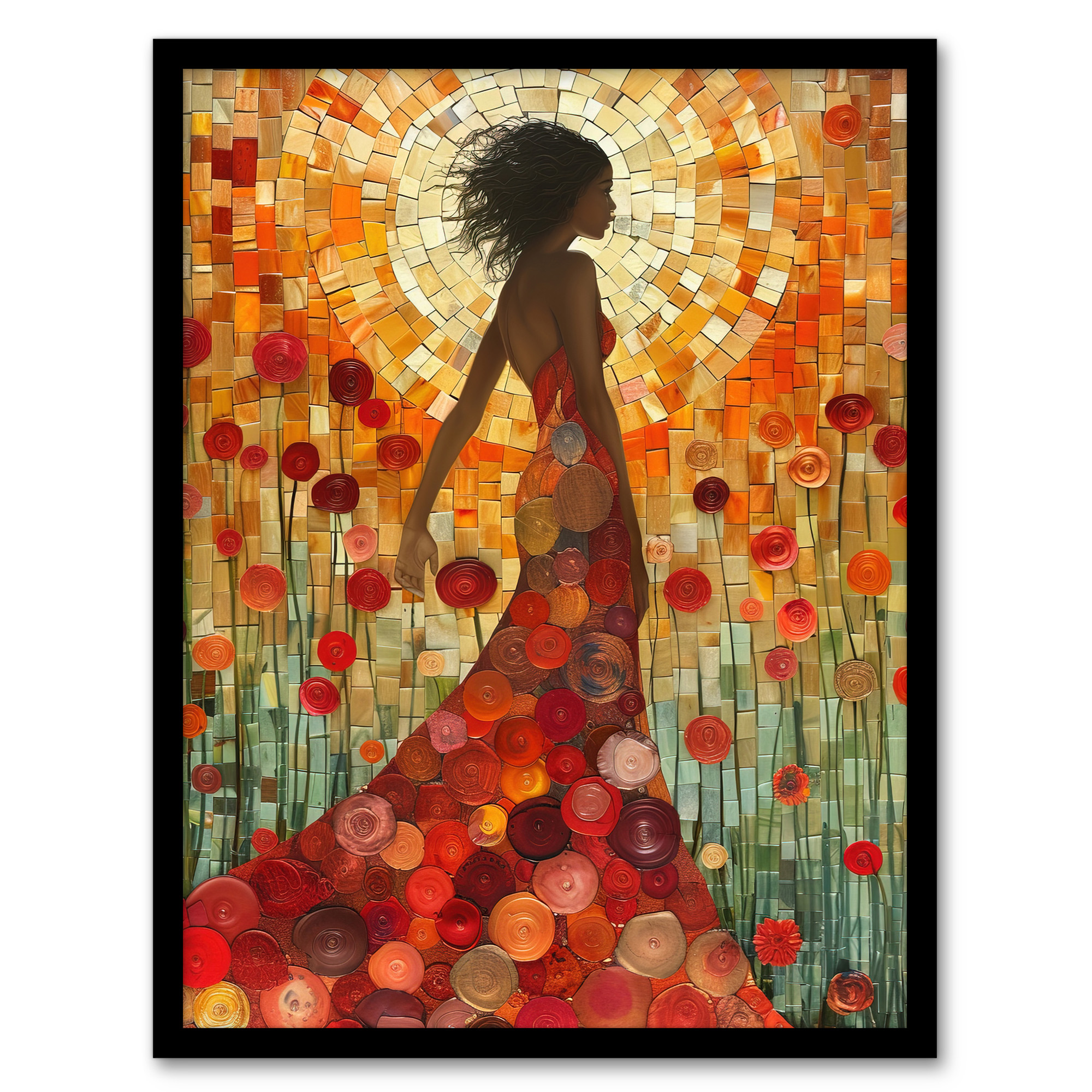 Woman With Dress Of Roses Sunset Mosaic Collage Wall Art Poster Print