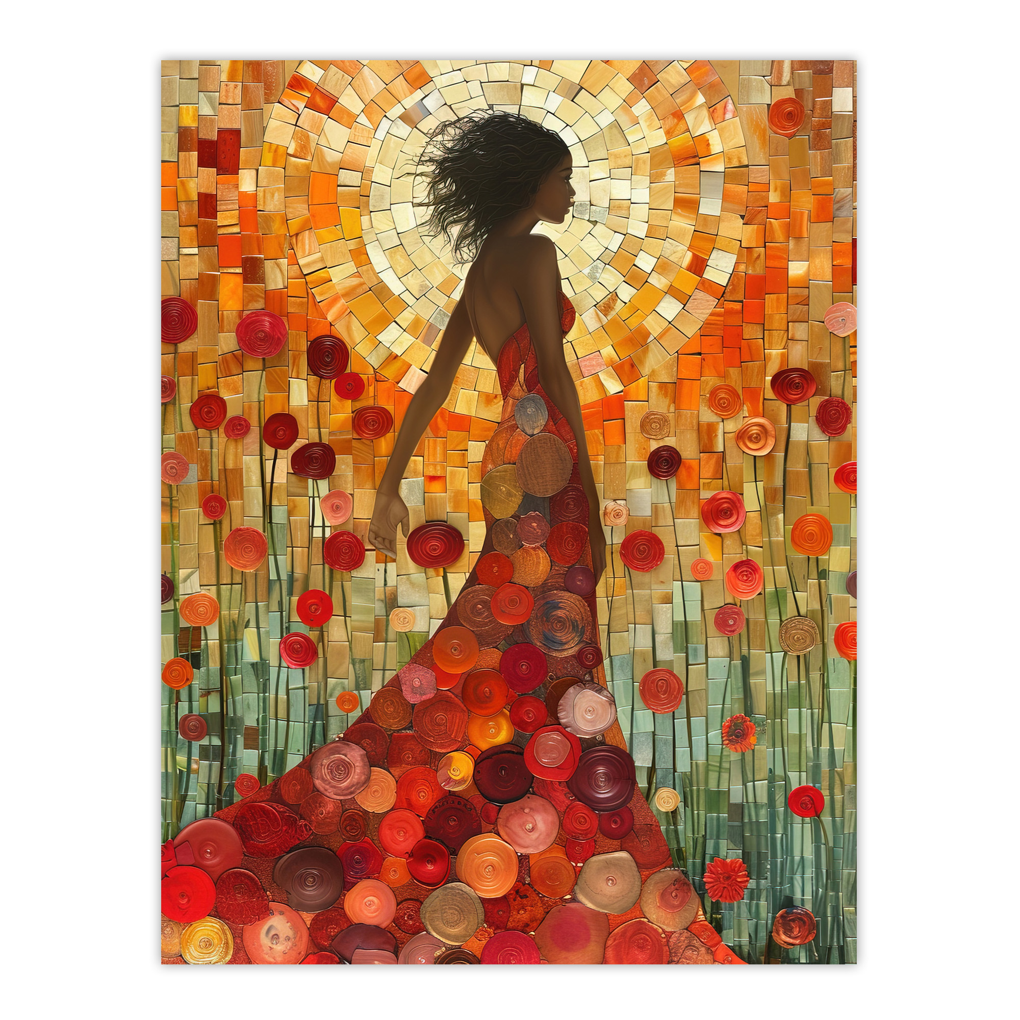 Woman With Dress Of Roses Sunset Mosaic Collage Wall Art Poster Print