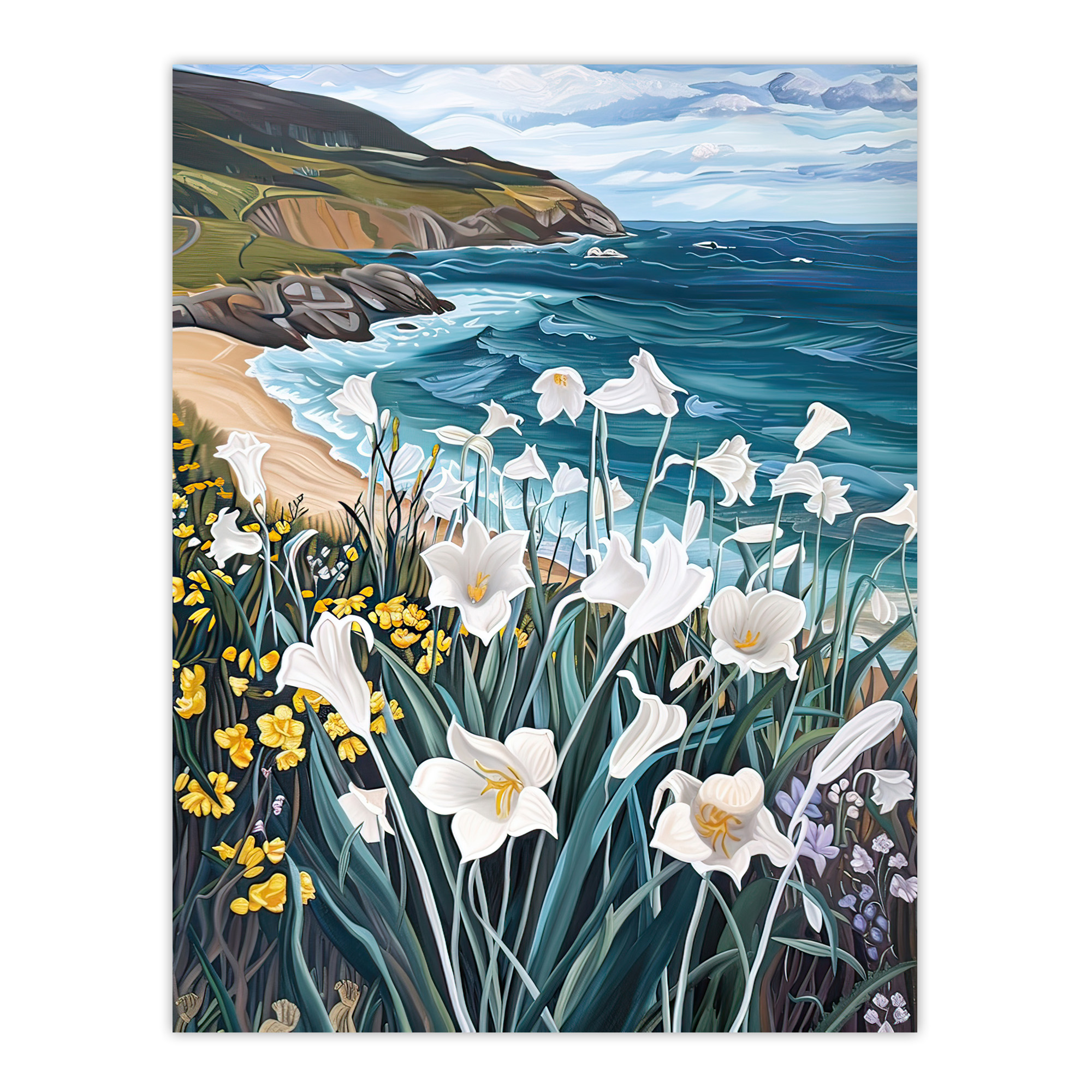 Aberdaron Coastal Wales Daffodils Hills Painting Wall Art Poster Print