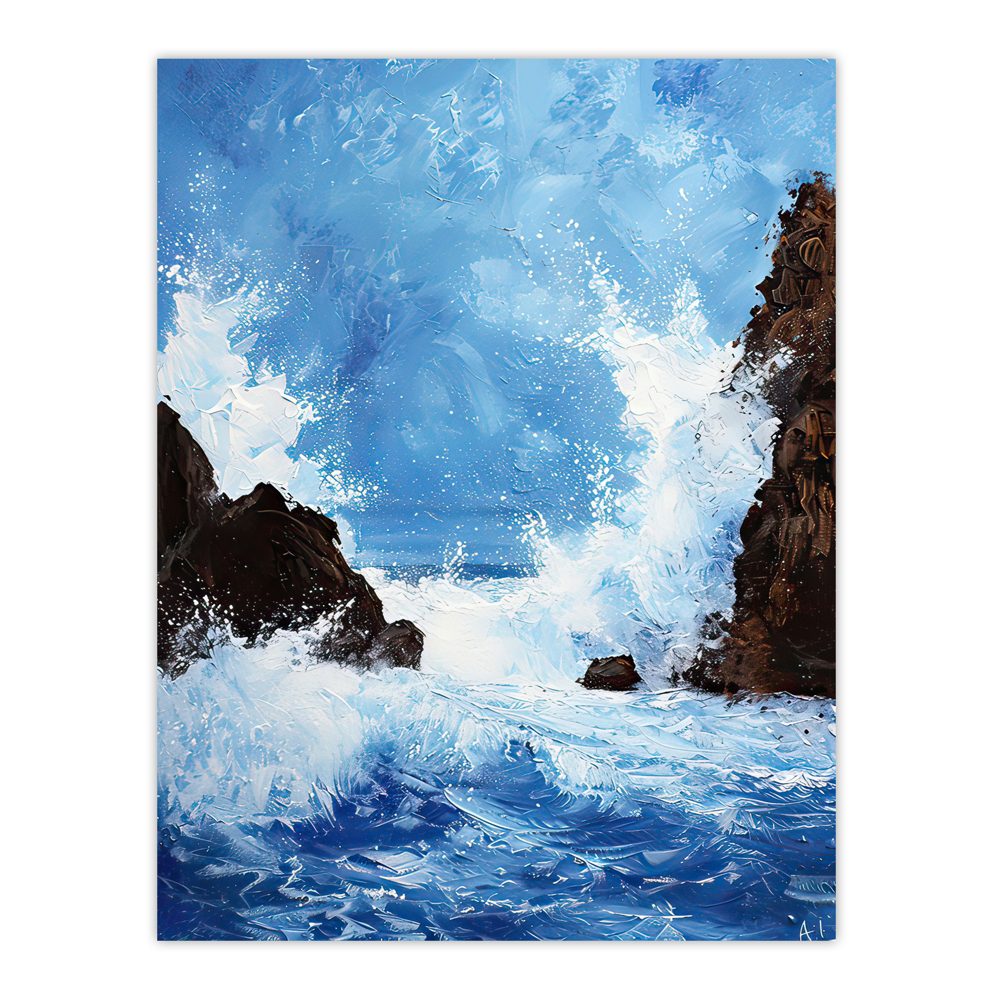 Waves Crashing Rocks Sea Spray Oil Painting Wall Art Poster Print