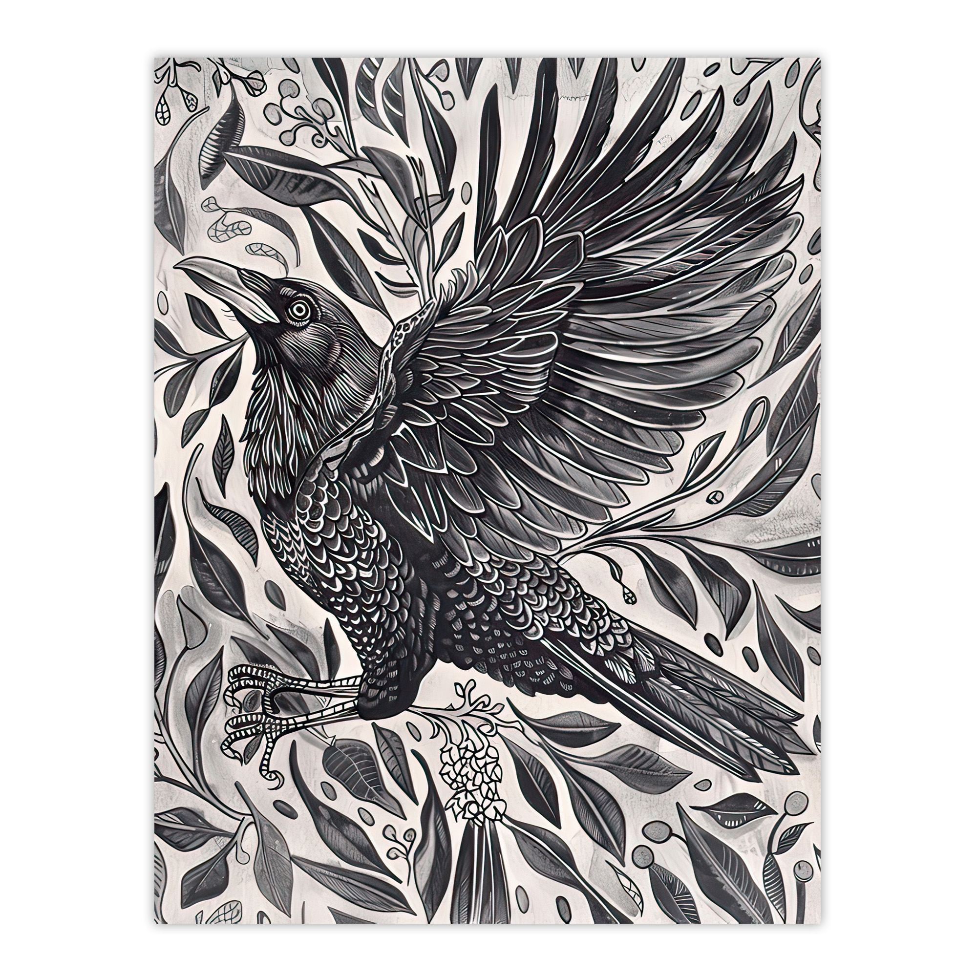 Wild Black Raven in Flight Painting Magic Gothic Wall Art Poster Print