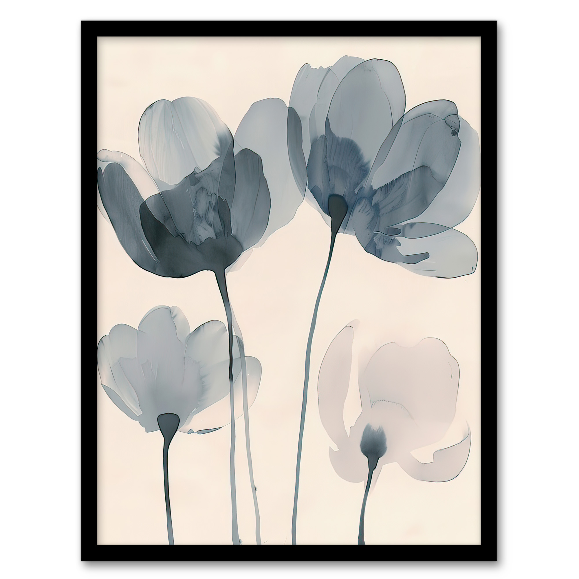 Soft Black White Light Watercolour Poppy Flowers Wall Art Poster Print