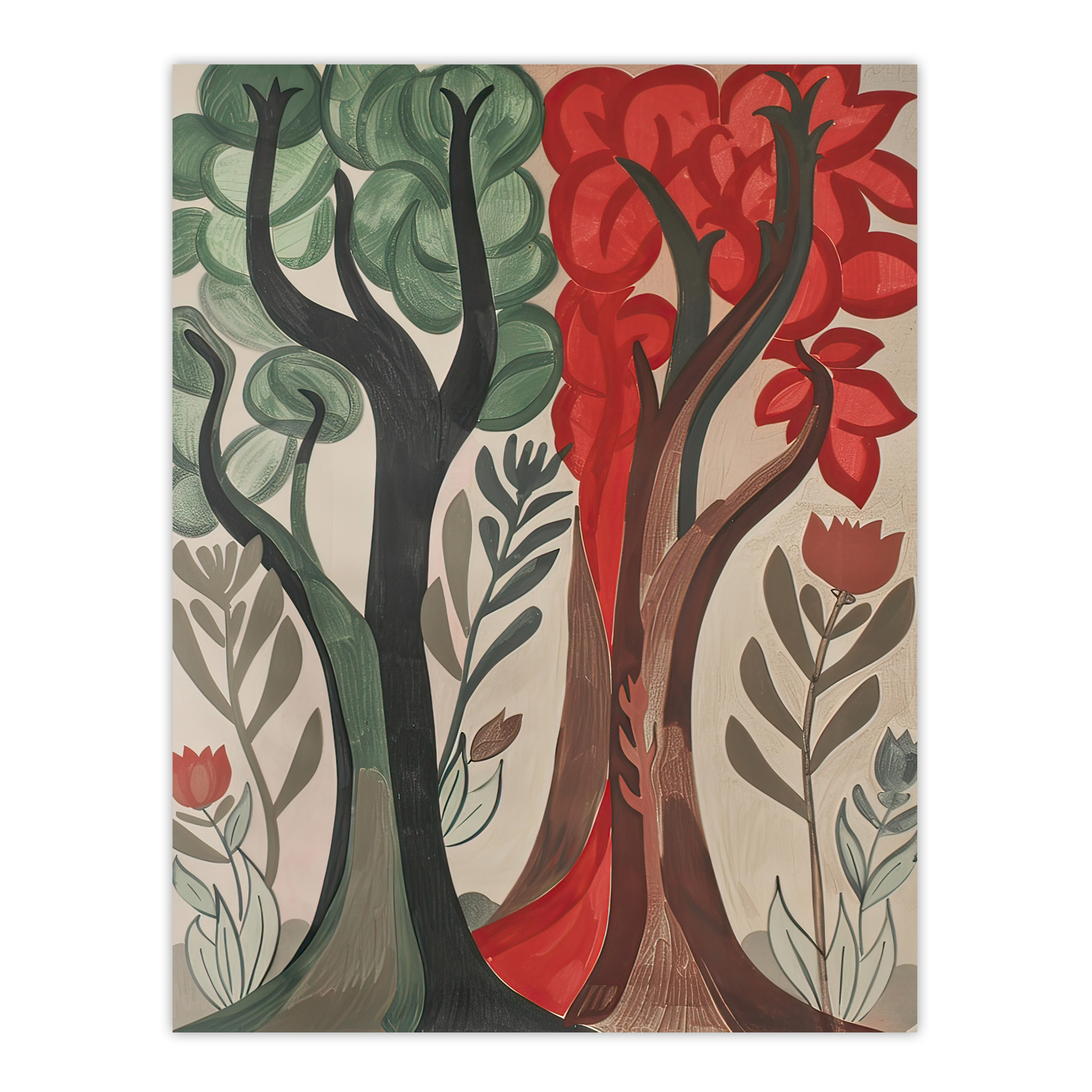 Two Trees Wildflower Forest Painting Folk Art Wall Art Poster Print