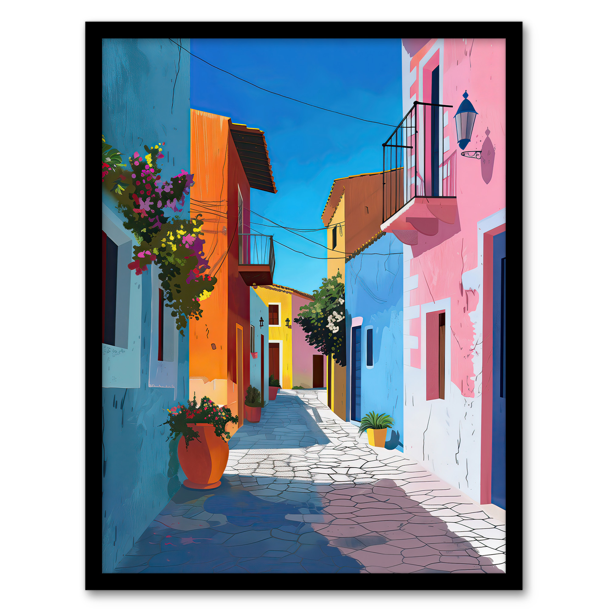 Colourful Houses Italian Village Street Painting Wall Art Poster Print