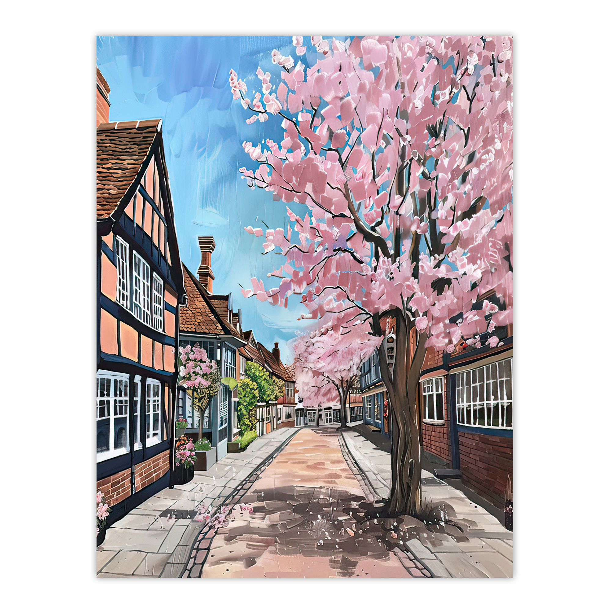 Cherry Blossom Lymm Village Cheshire Painting Wall Art Poster Print