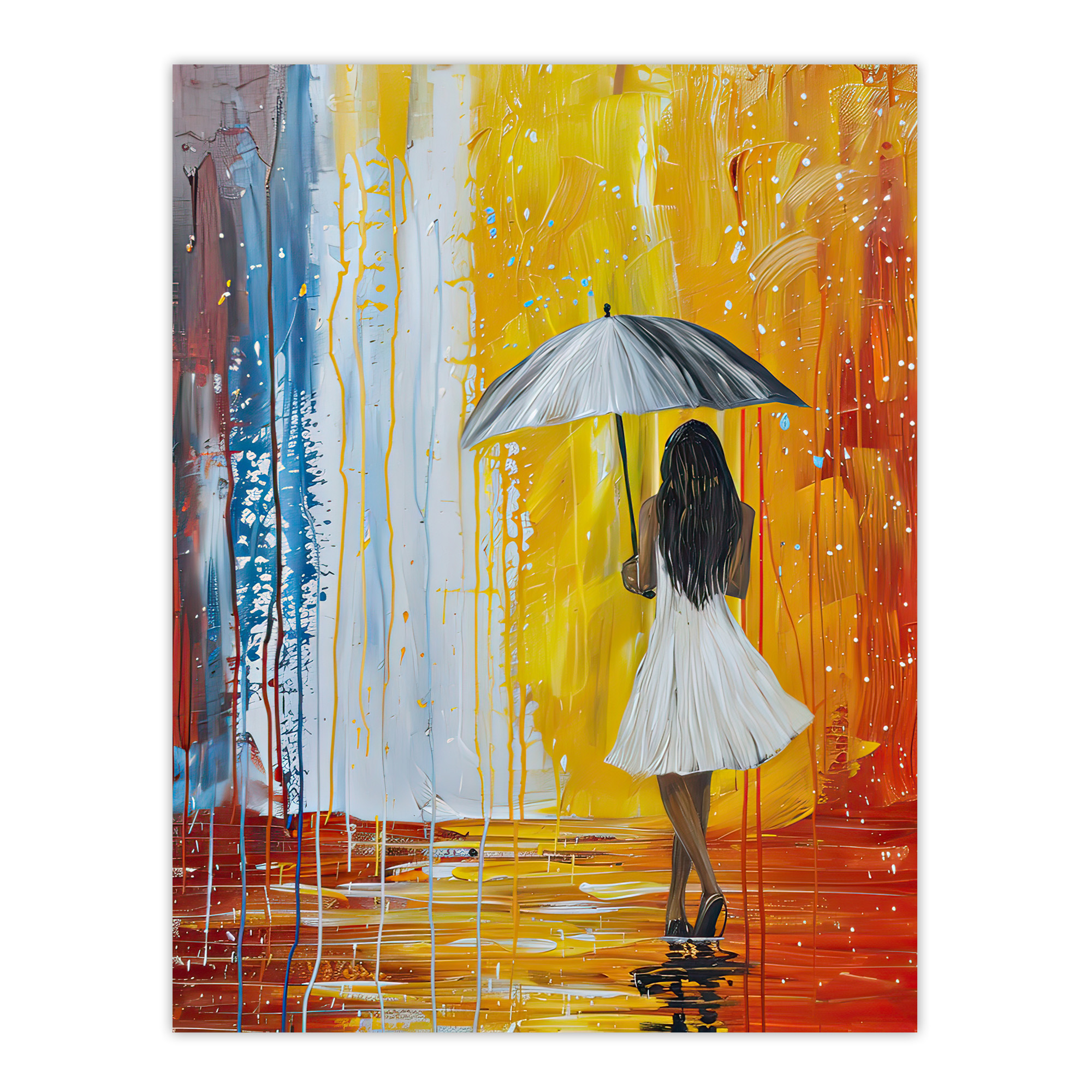 Woman with Umbrella in Rainbow Rain Modern Art Wall Art Poster Print