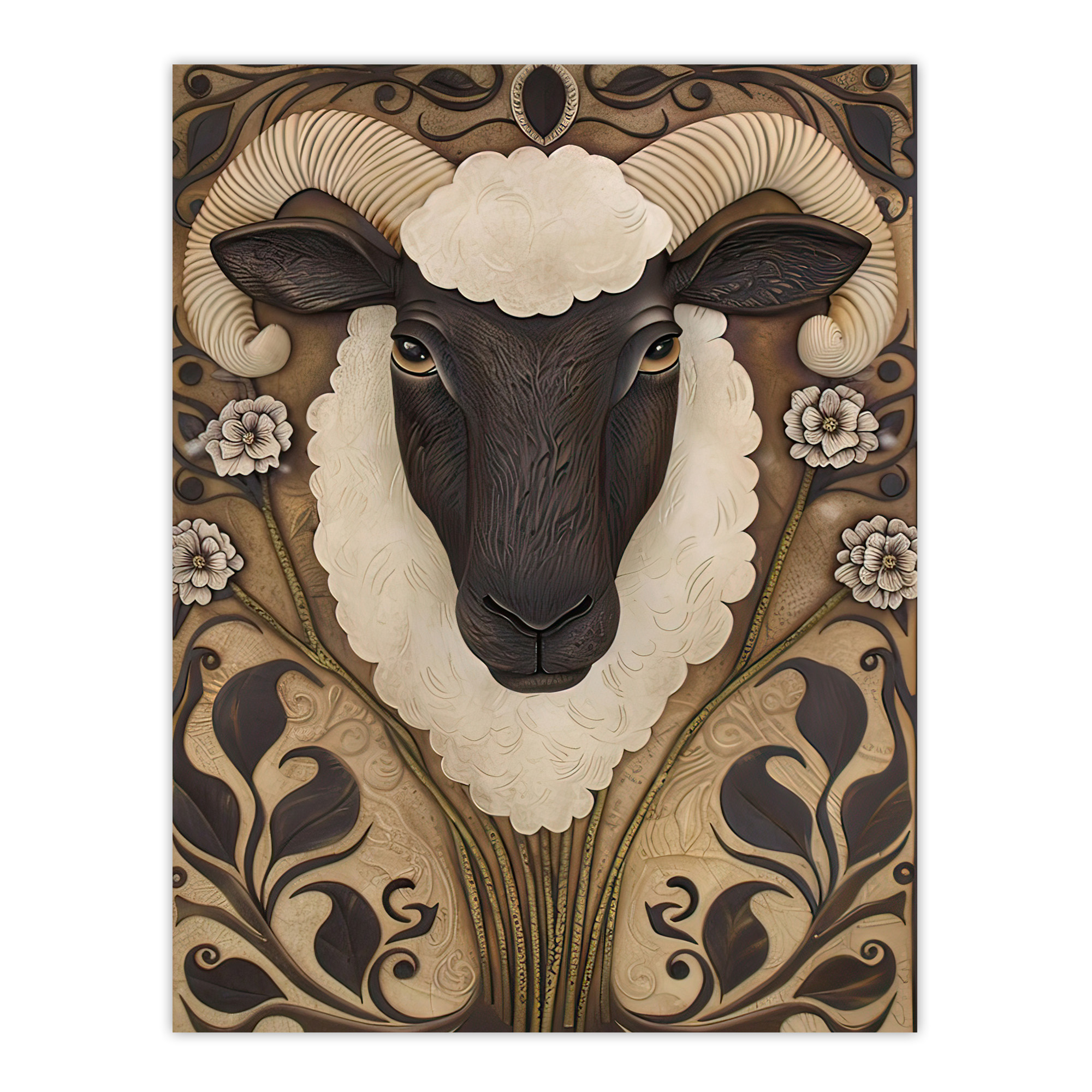 Botanical Filigree Design with Ram Sheep Head Wall Art Poster Print