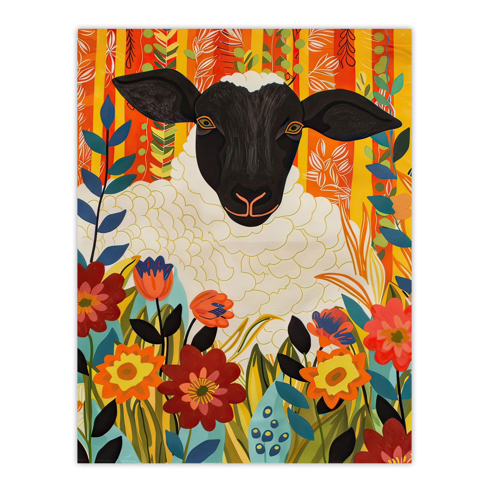 Bohemian Sheep Vibrant Trippy Flower Pattern Wall Art Poster Print