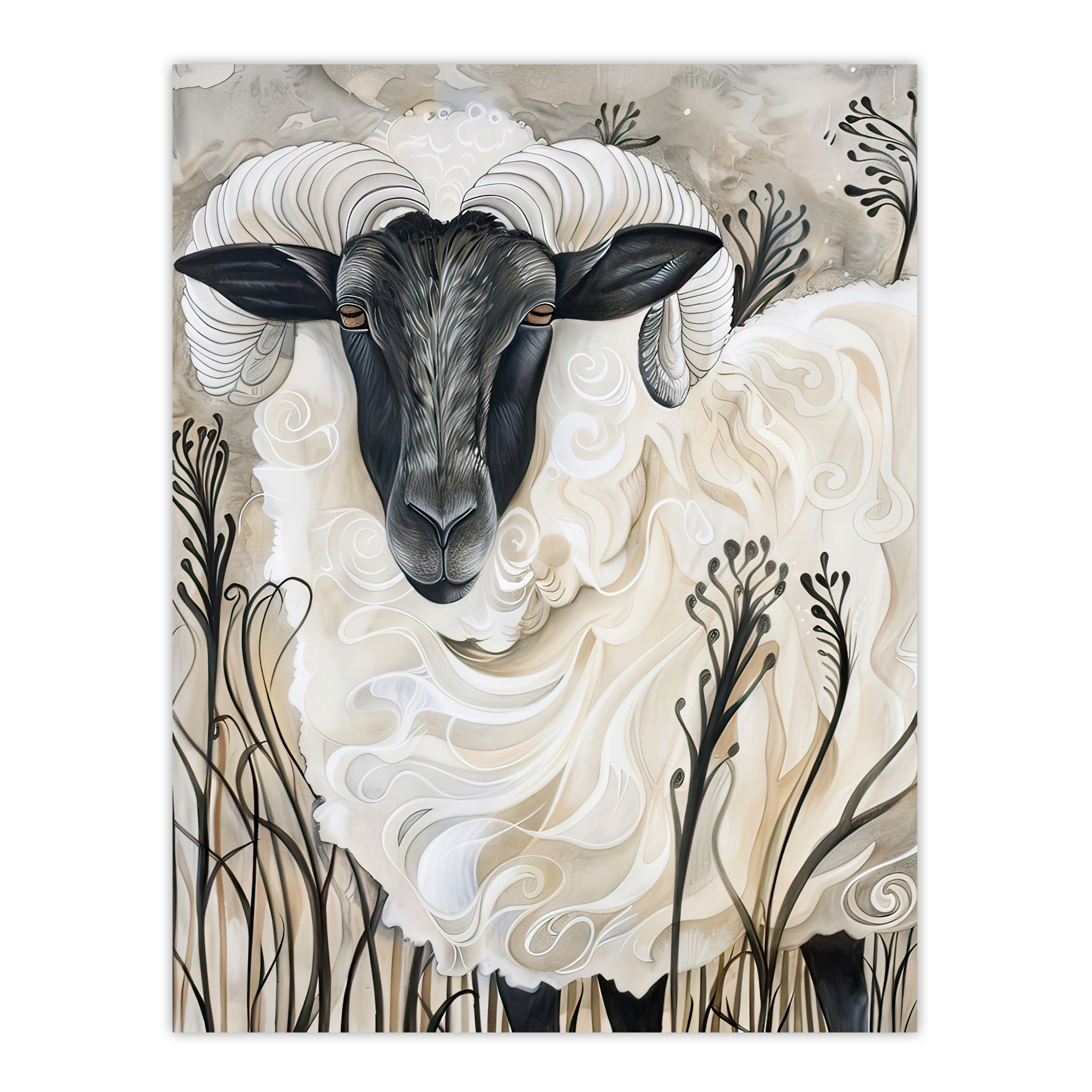 Stylised Ram Sheep Animal Portrait Painting Wall Art Poster Print