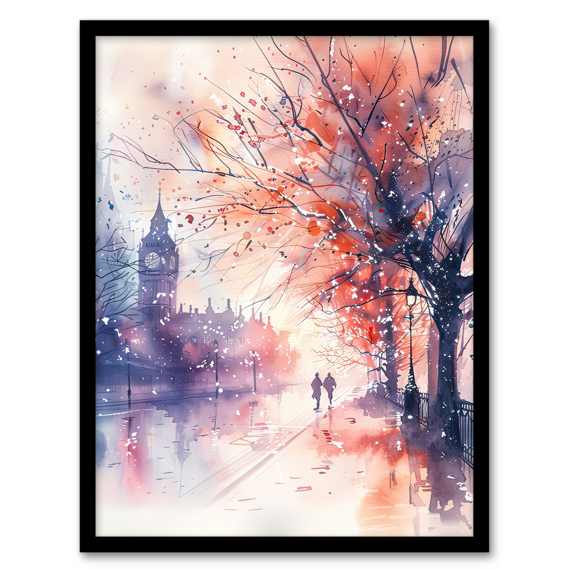 Lovers Walk London Big Ben Autumn Watercolour Wall Art Poster Print