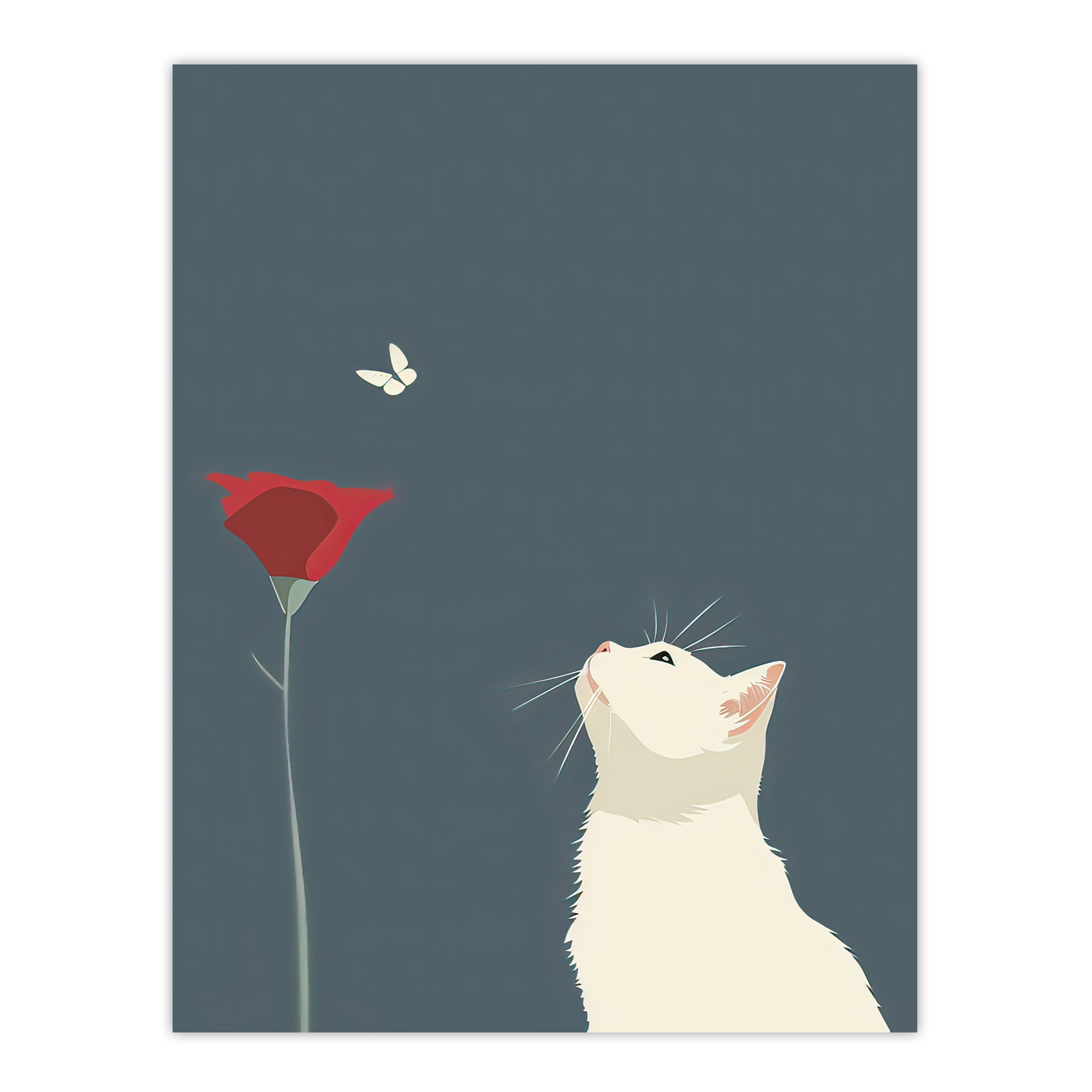 Tulip Flower and Butterfly White Cat Lover Design Wall Art Poster Print