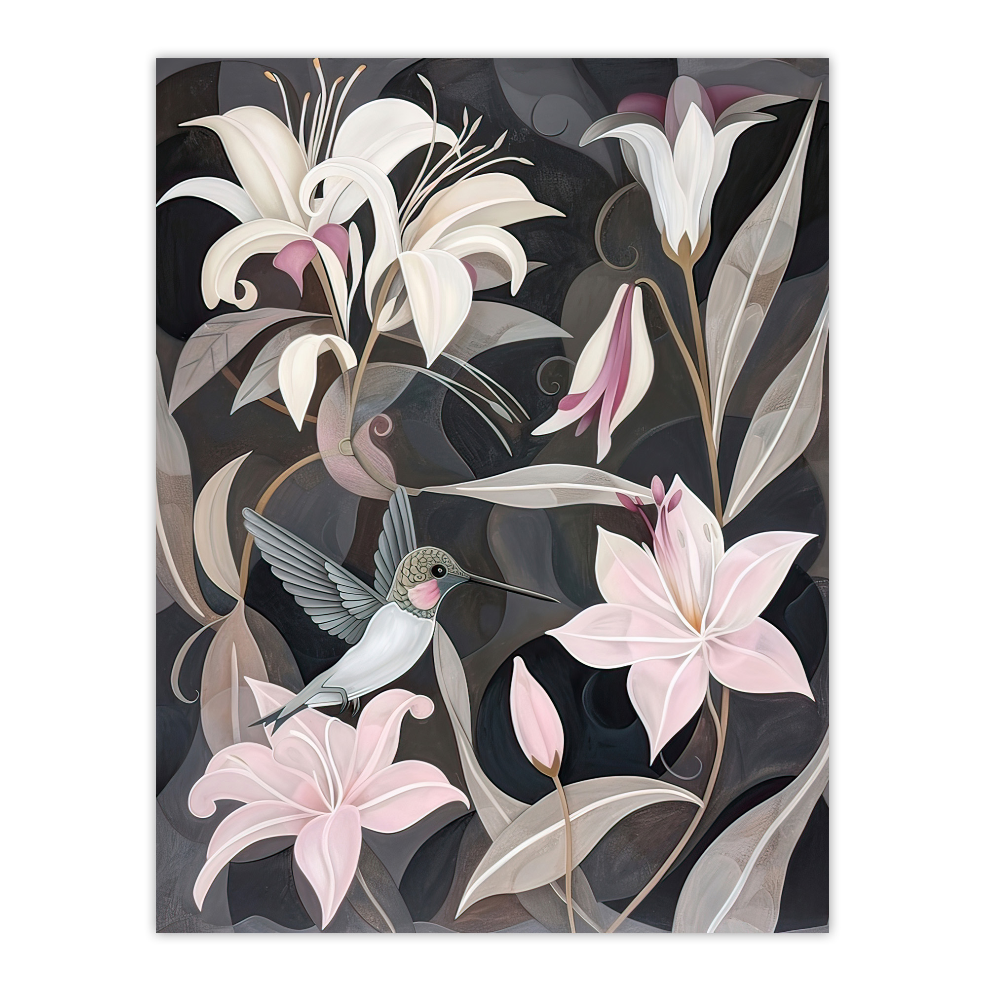 Lily Flowers and Hummingbird Stylised Painting Wall Art Poster Print