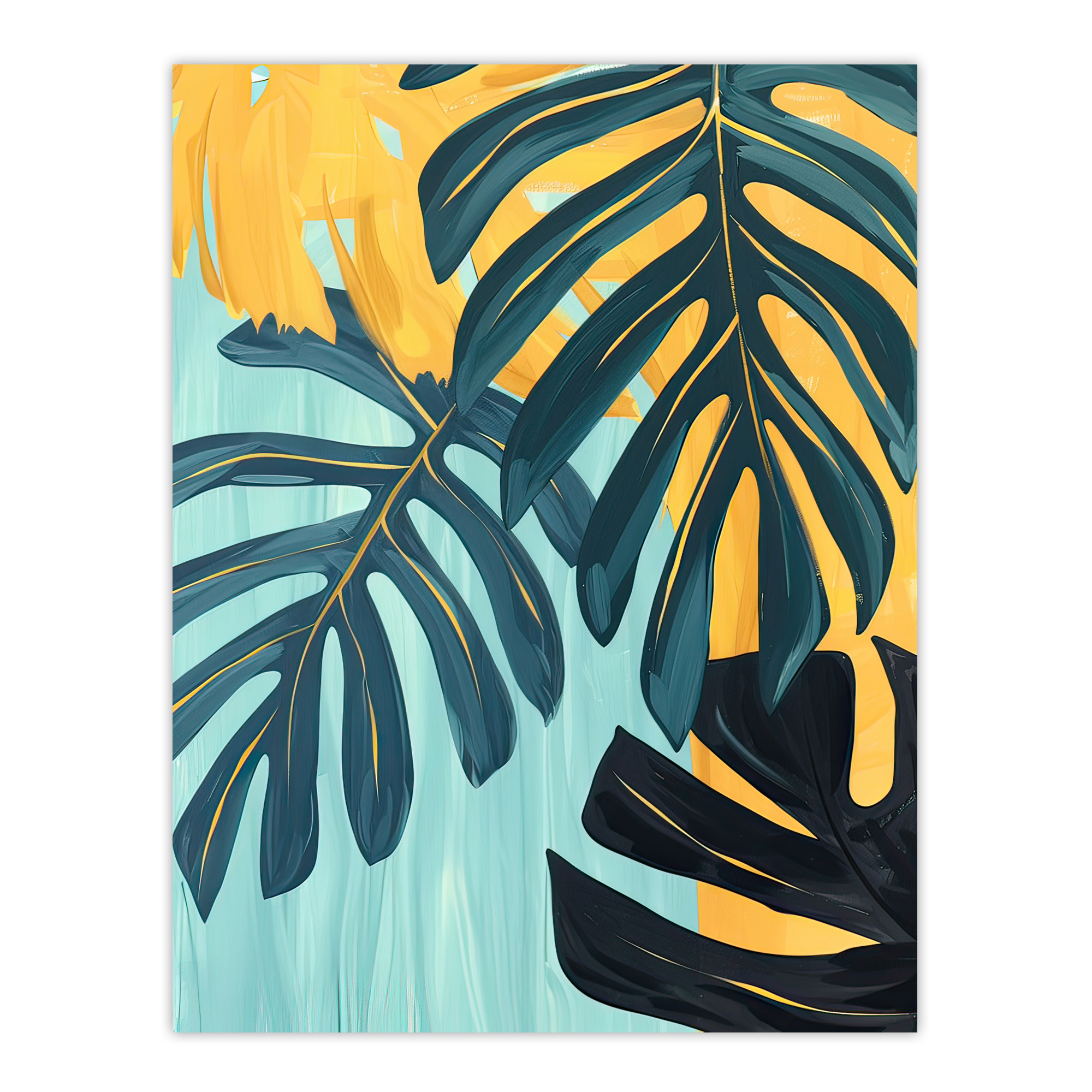 Monstera Deliciosa Leaves Teal Yellow Painting Wall Art Poster Print