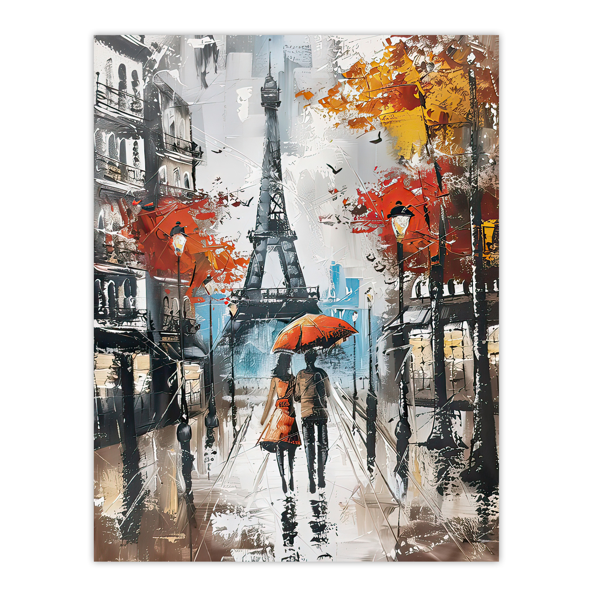 Umbrella Lovers Abstract Autumn Paris Cityscape Wall Art Poster Print