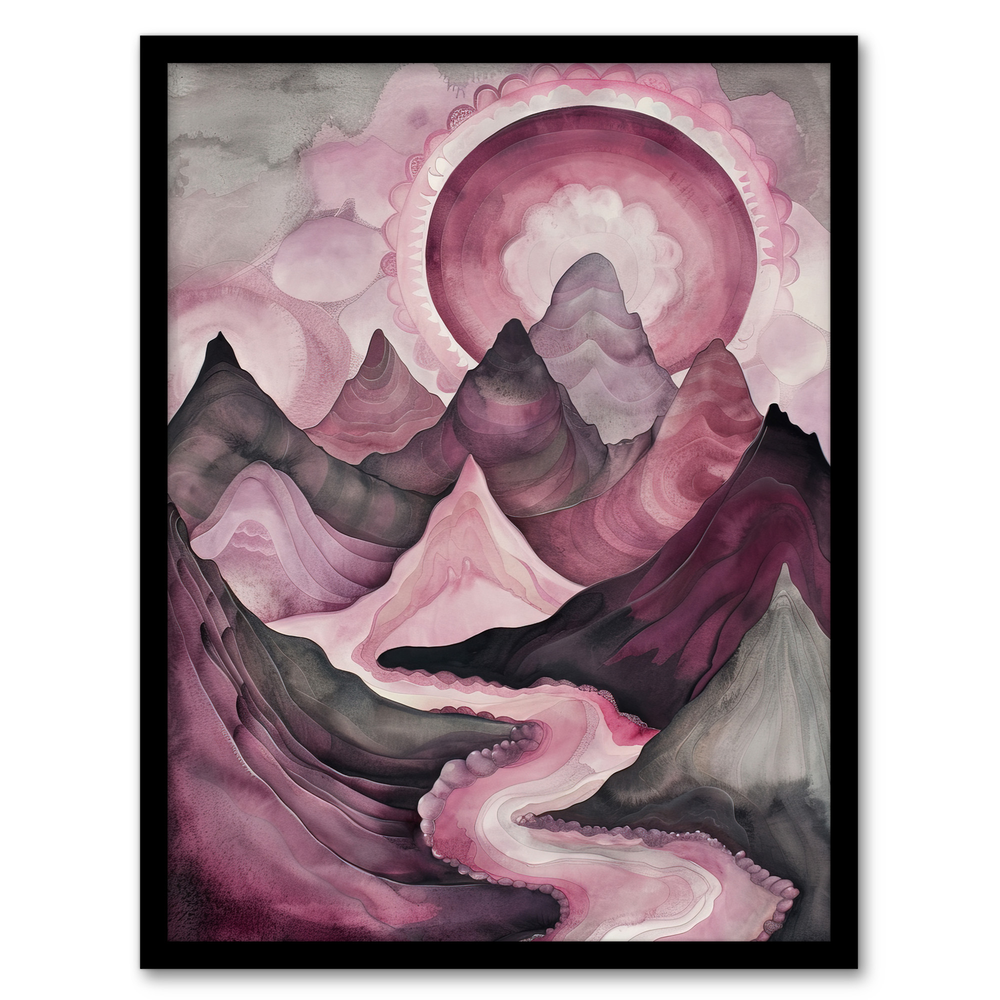 Purple Fantasy Mountain Path Sunset Watercolour Wall Art Poster Print
