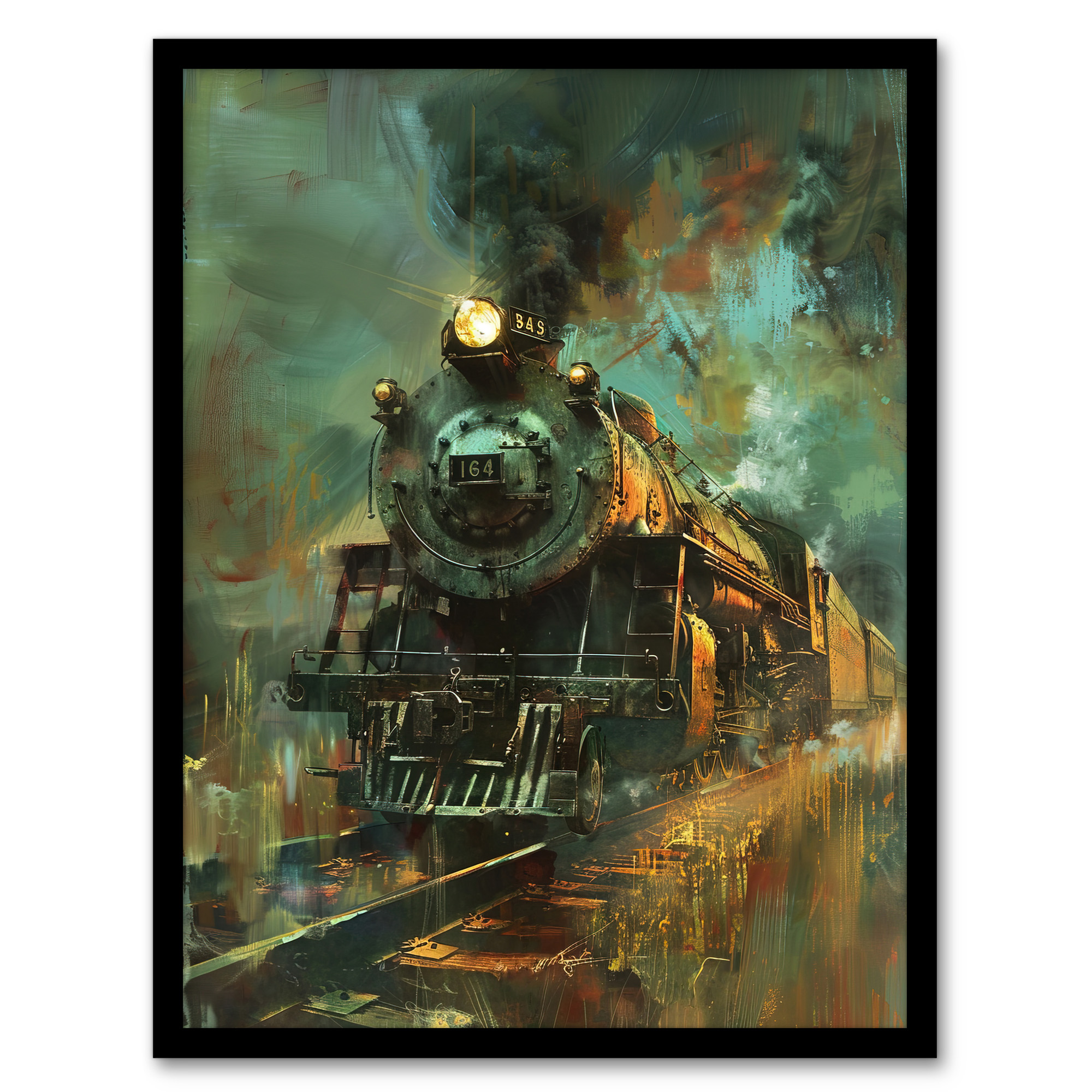 Steam Train on Tracks Modern Painting Dark Wall Art Poster Print