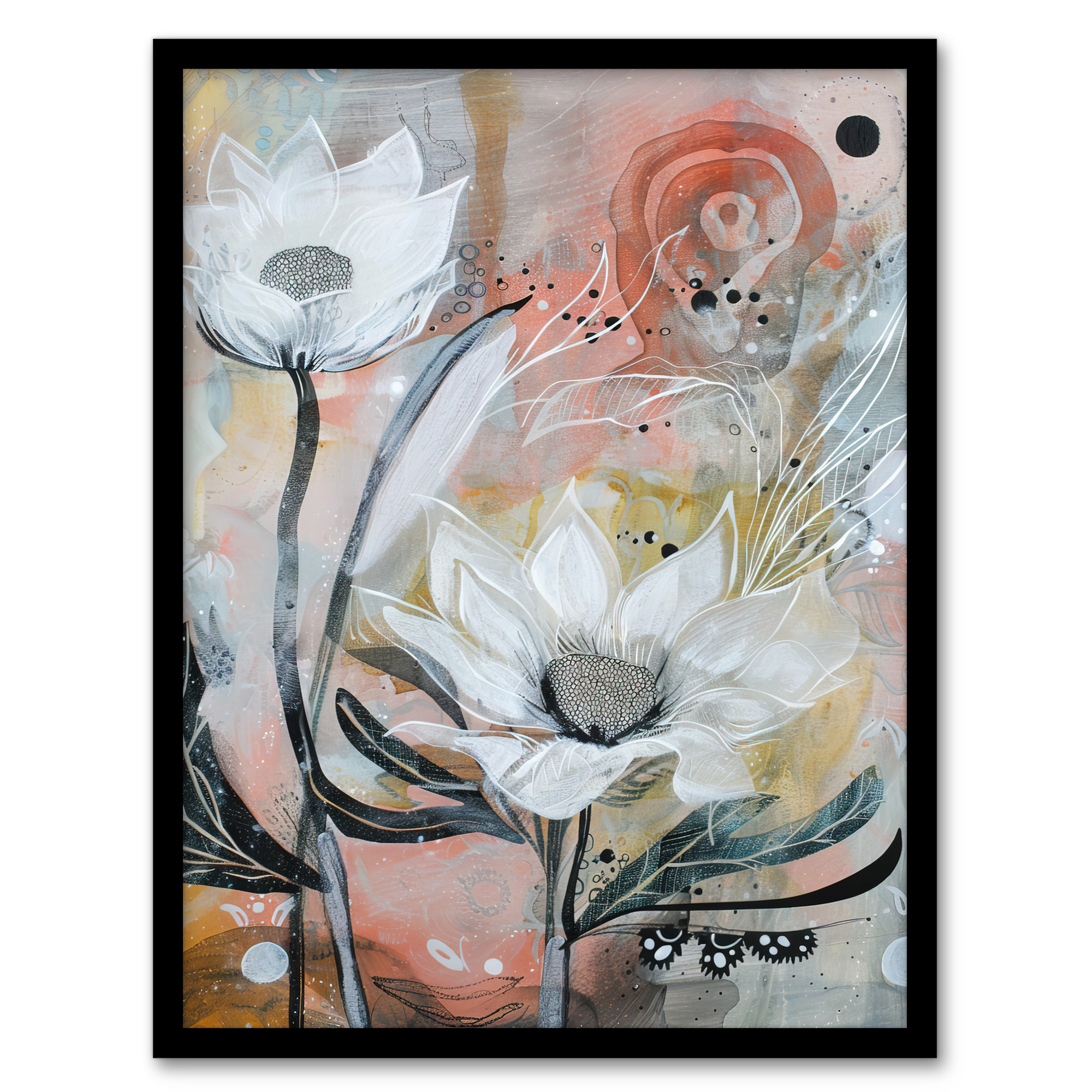 Italian White Sunflowers Bloom Abstract Painting Wall Art Poster Print