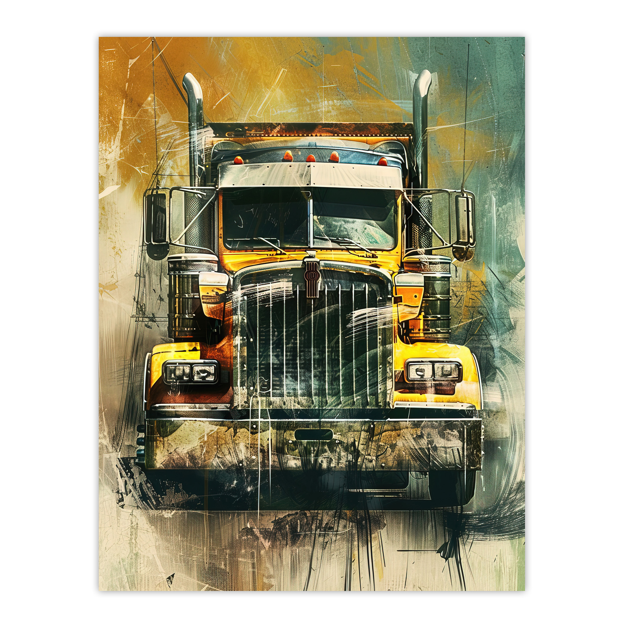 Yellow Long Haul Truck Front Modern Painting Wall Art Poster Print