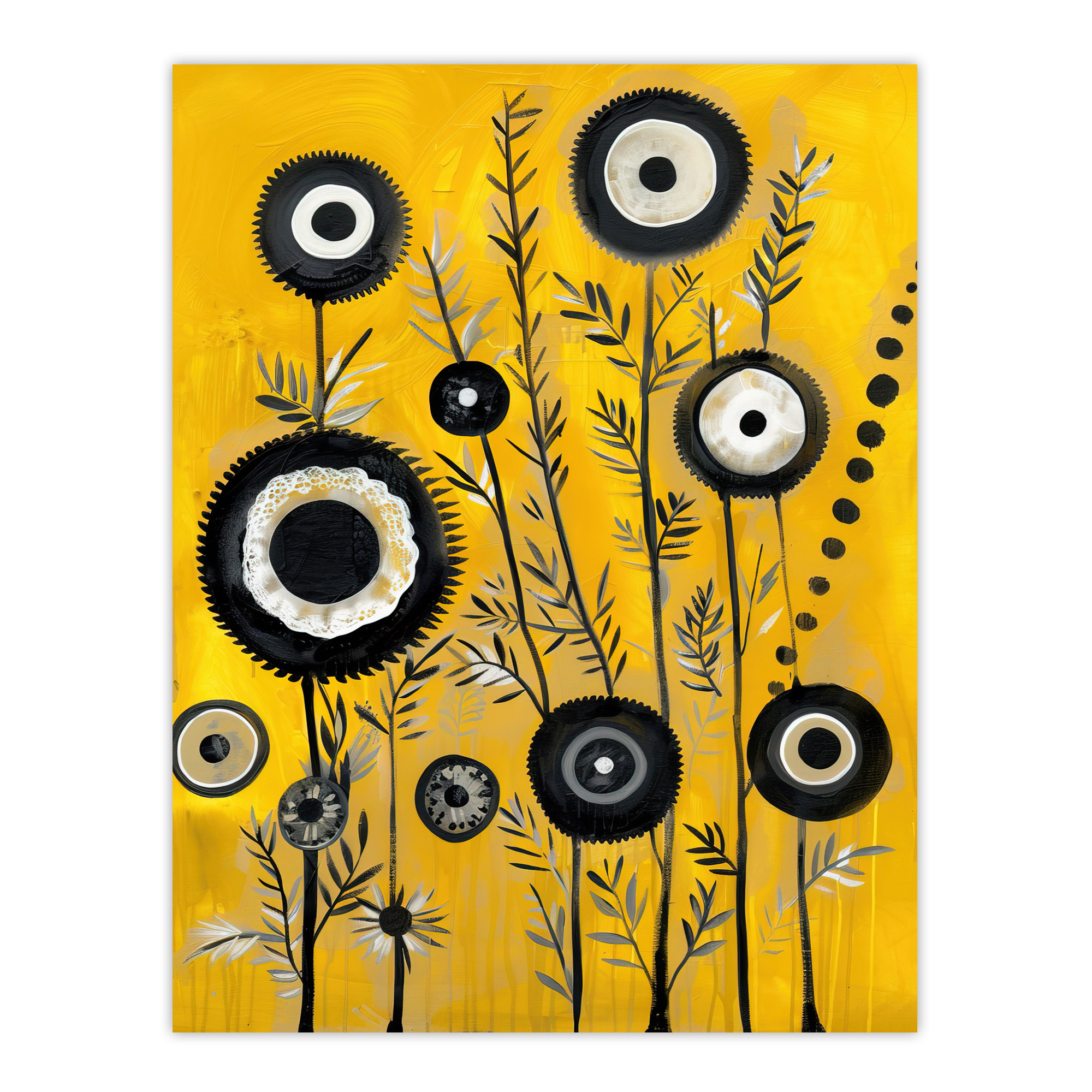 Black Yellow Abstract Geometric Wildflowers Wall Art Poster Print