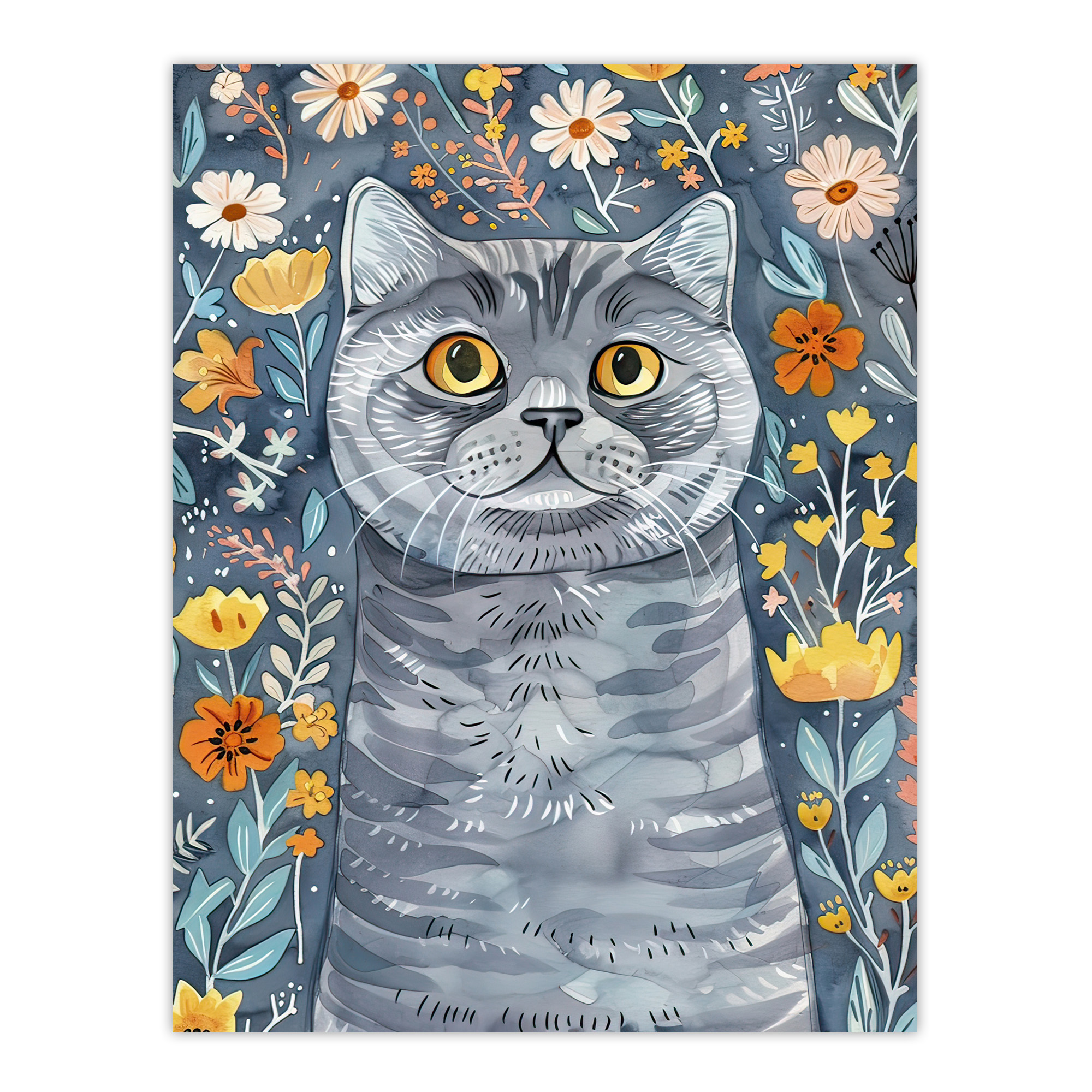 Cute Blue British Shorthair Cat Lover Floral Pet Wall Art Poster Print