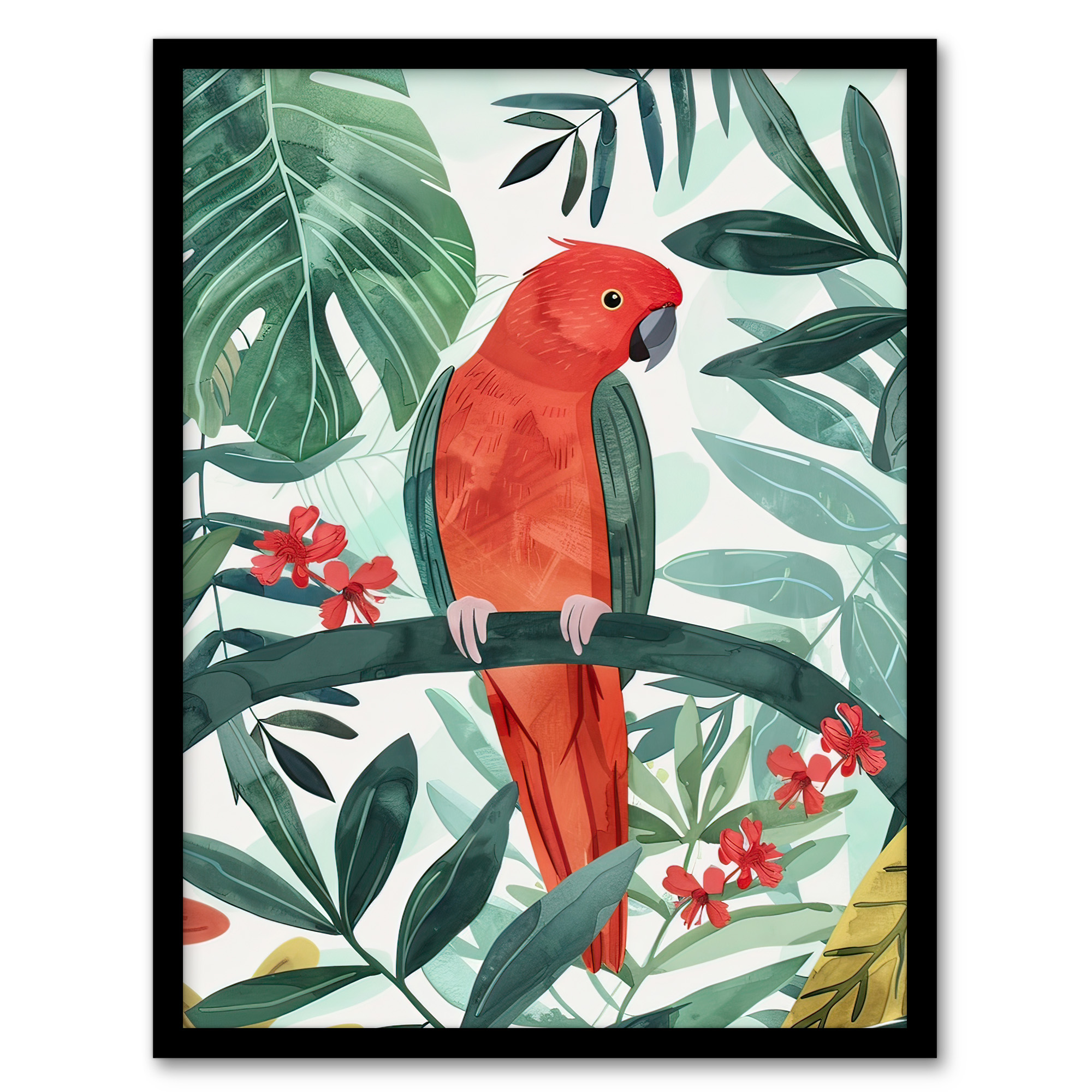 Red Parakeet Bird in Tropical Jungle Watercolour Wall Art Poster Print