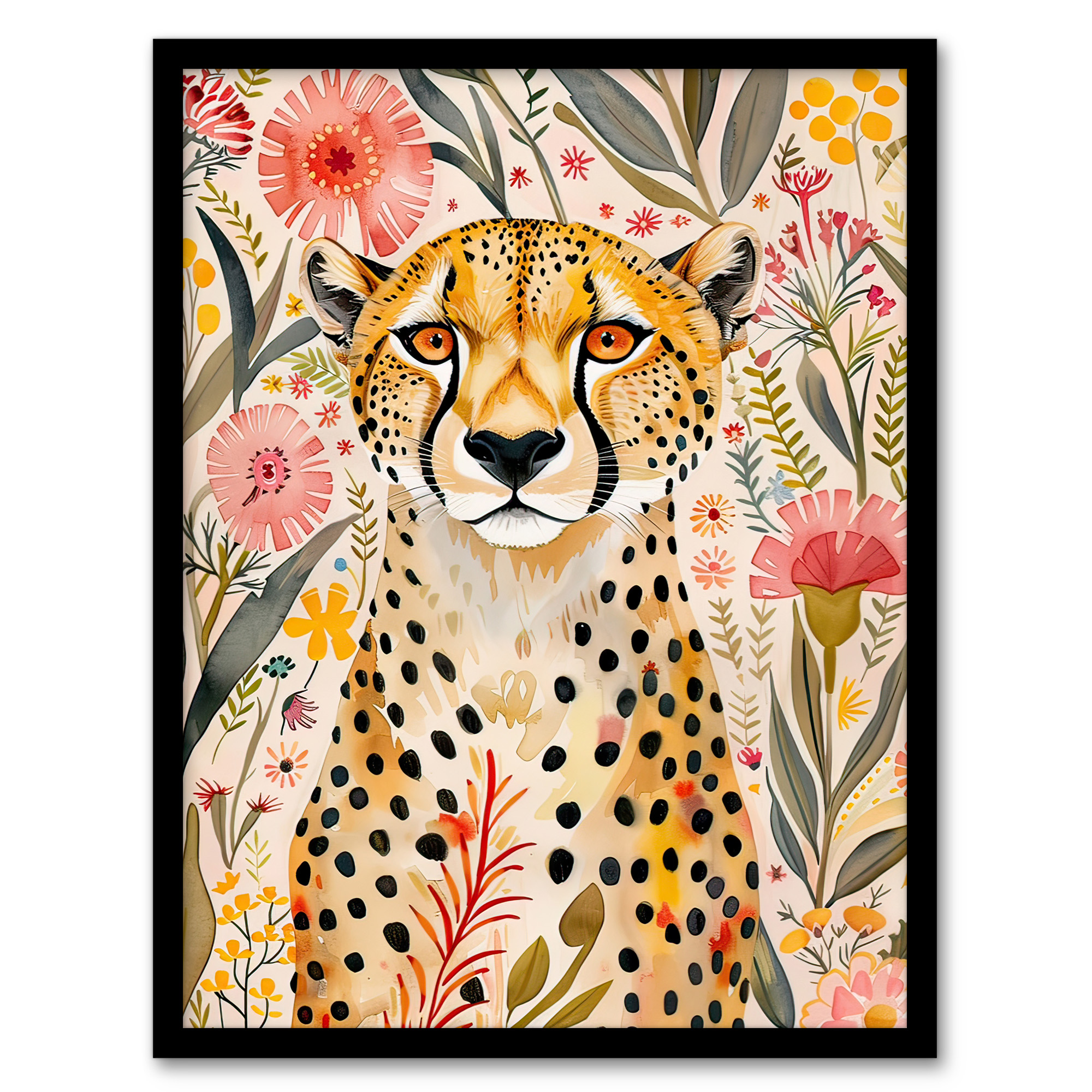 Cheetah in Exotic Flower Garden Watercolour Wall Art Poster Print