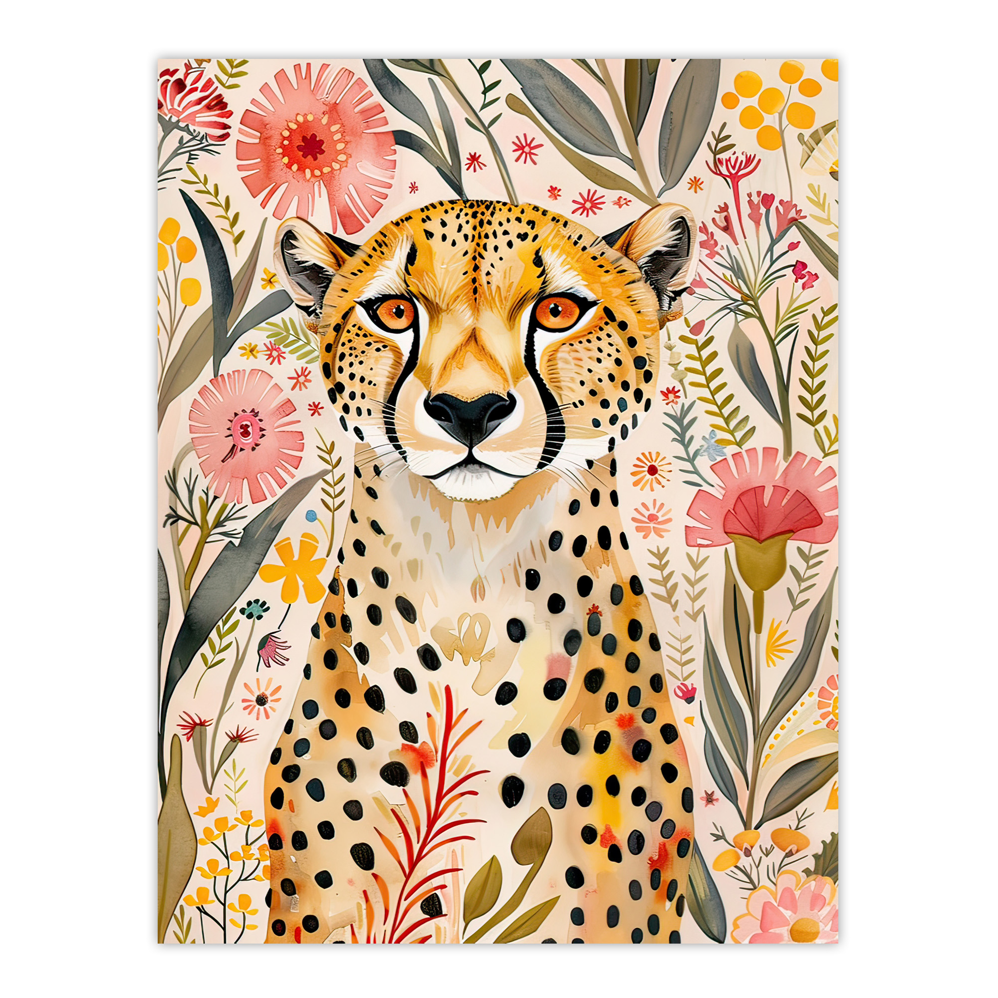 Cheetah in Exotic Flower Garden Watercolour Wall Art Poster Print