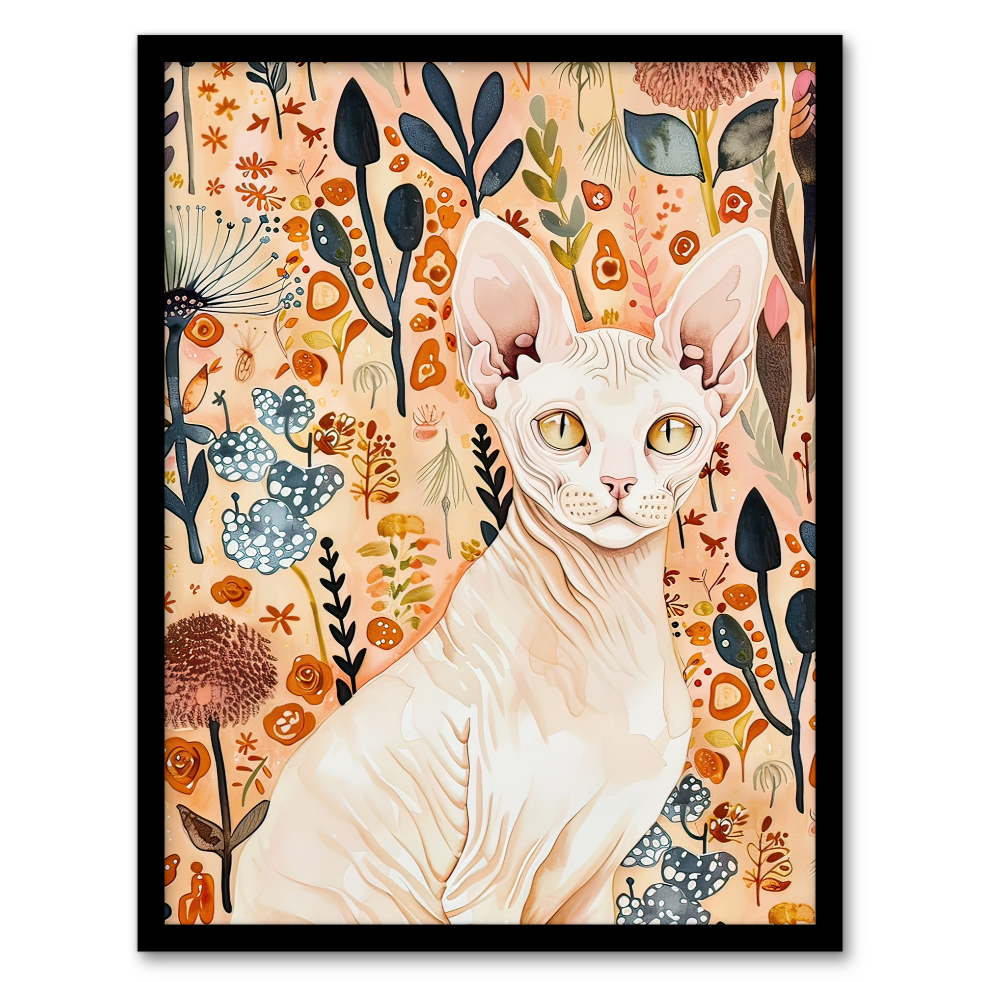 Sphynx Cat in Autumn Wildflowers Watercolour Wall Art Poster Print