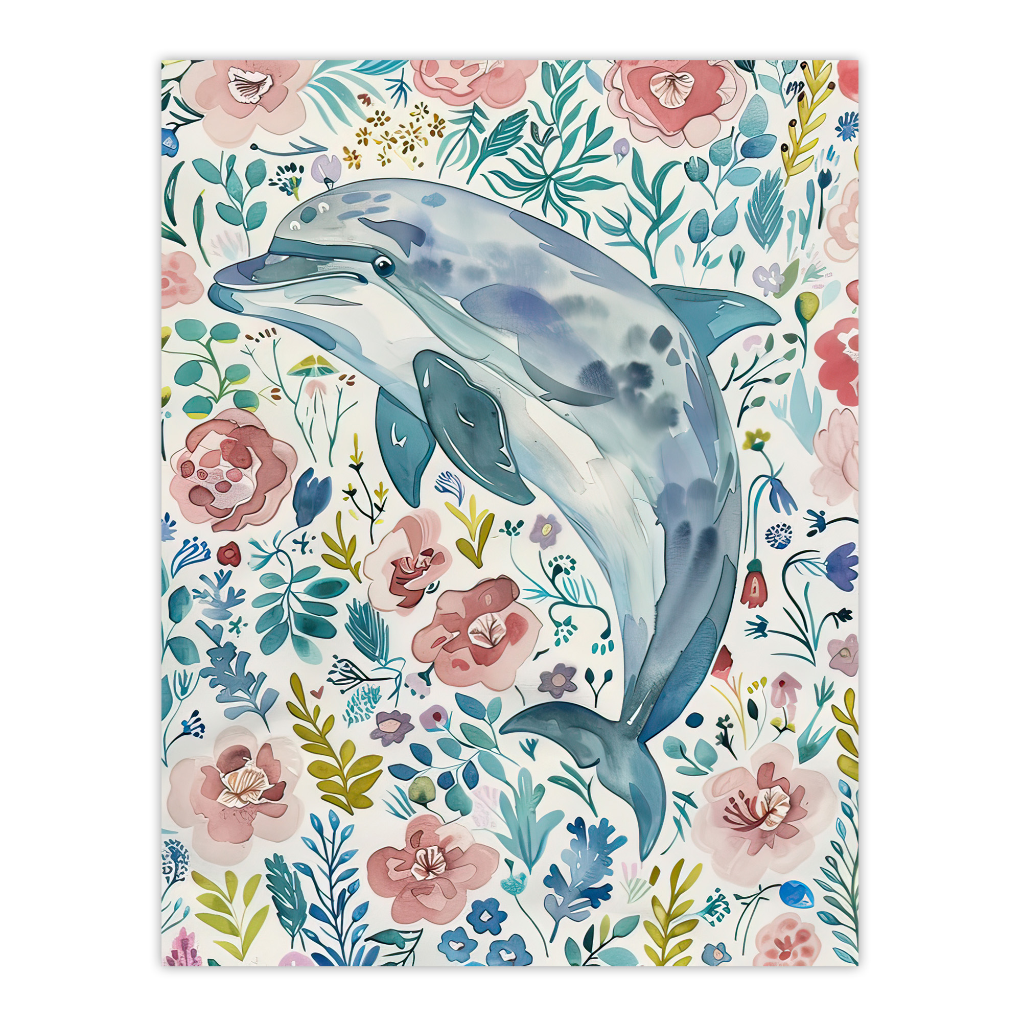 Dolphin with Wildflowers Pink Blue Watercolour Wall Art Poster Print