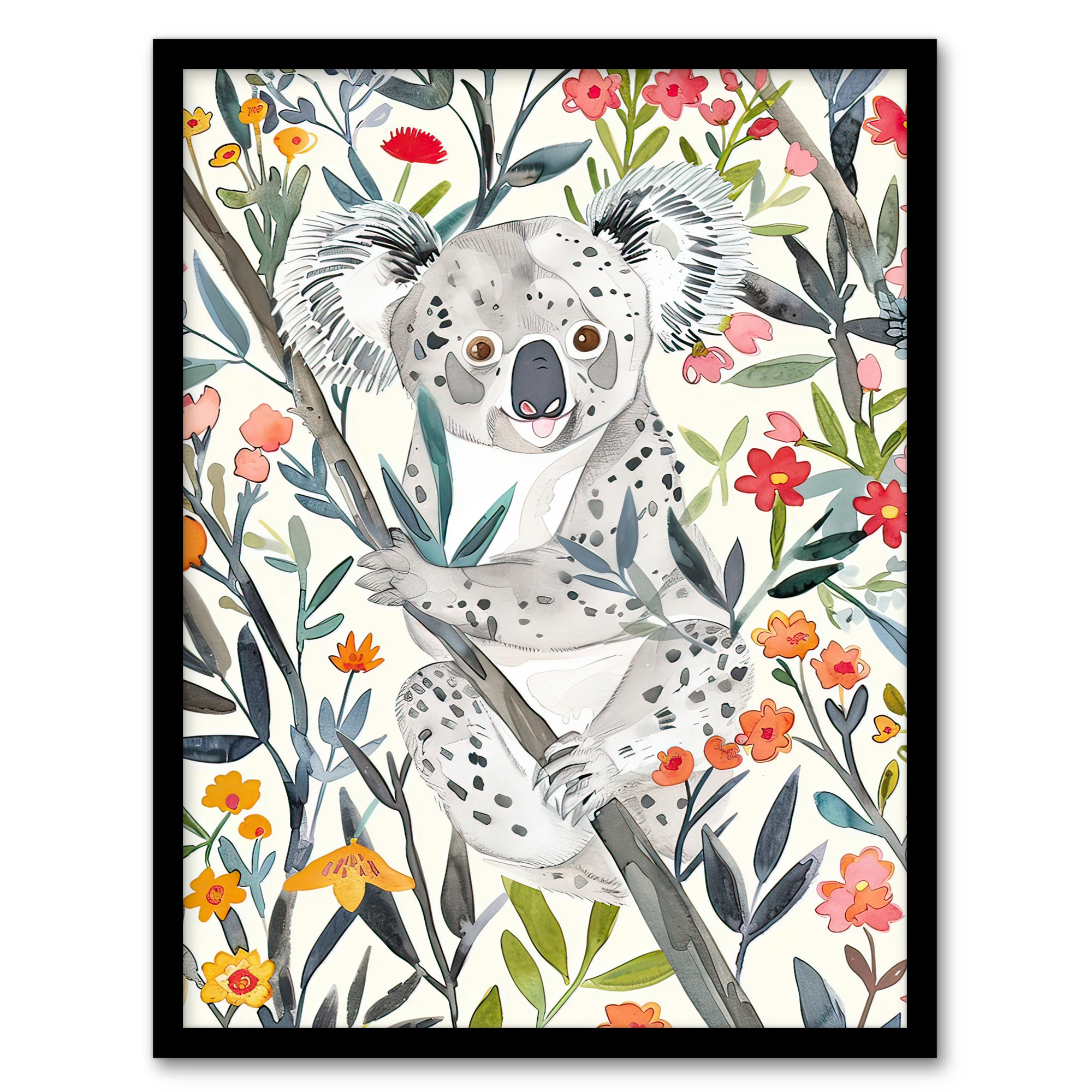 Happy Koala Bear on Blooming Tree Watercolour Wall Art Poster Print
