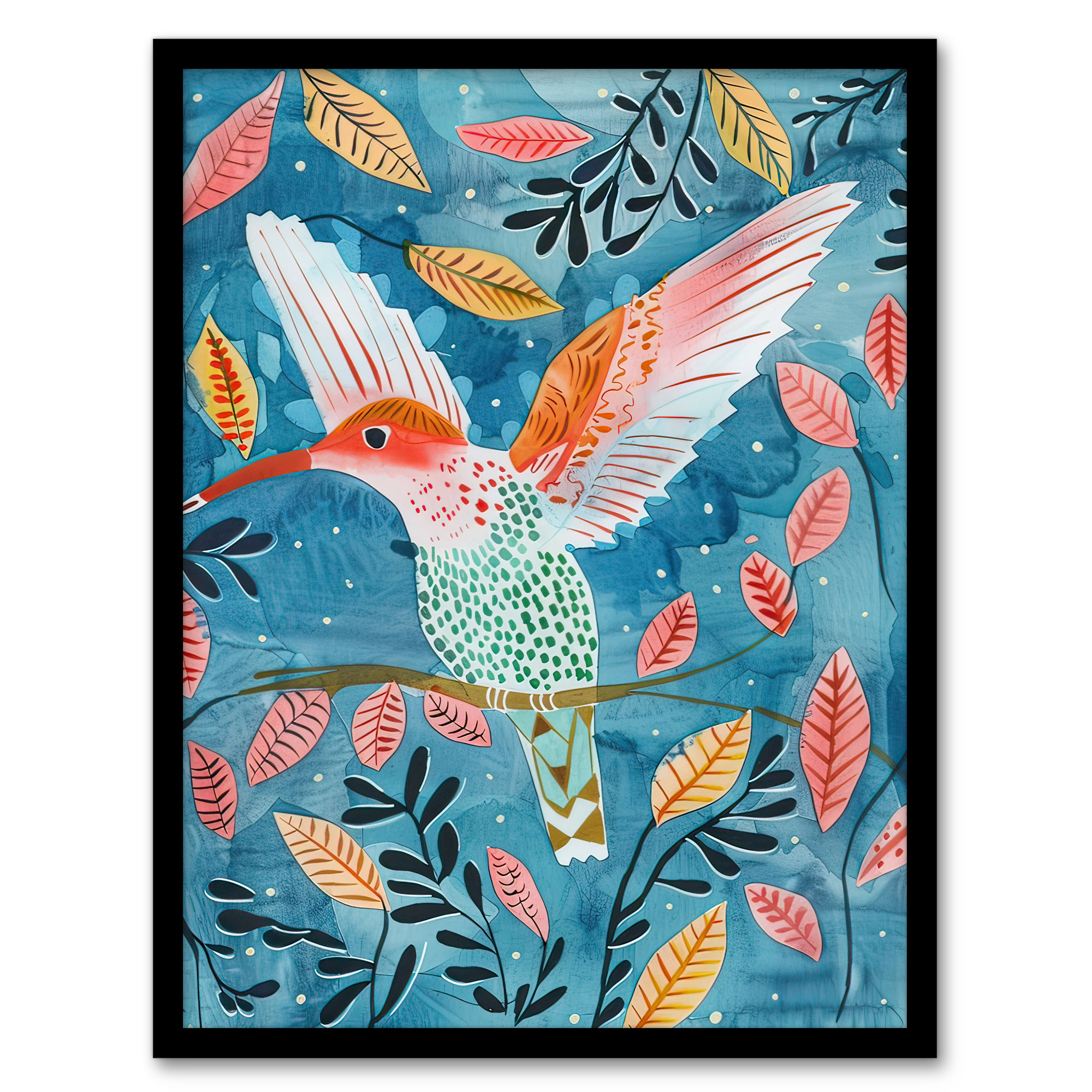 Hummingbird Folk Art Pink Blue Orange Watercolour Wall Art Poster Print