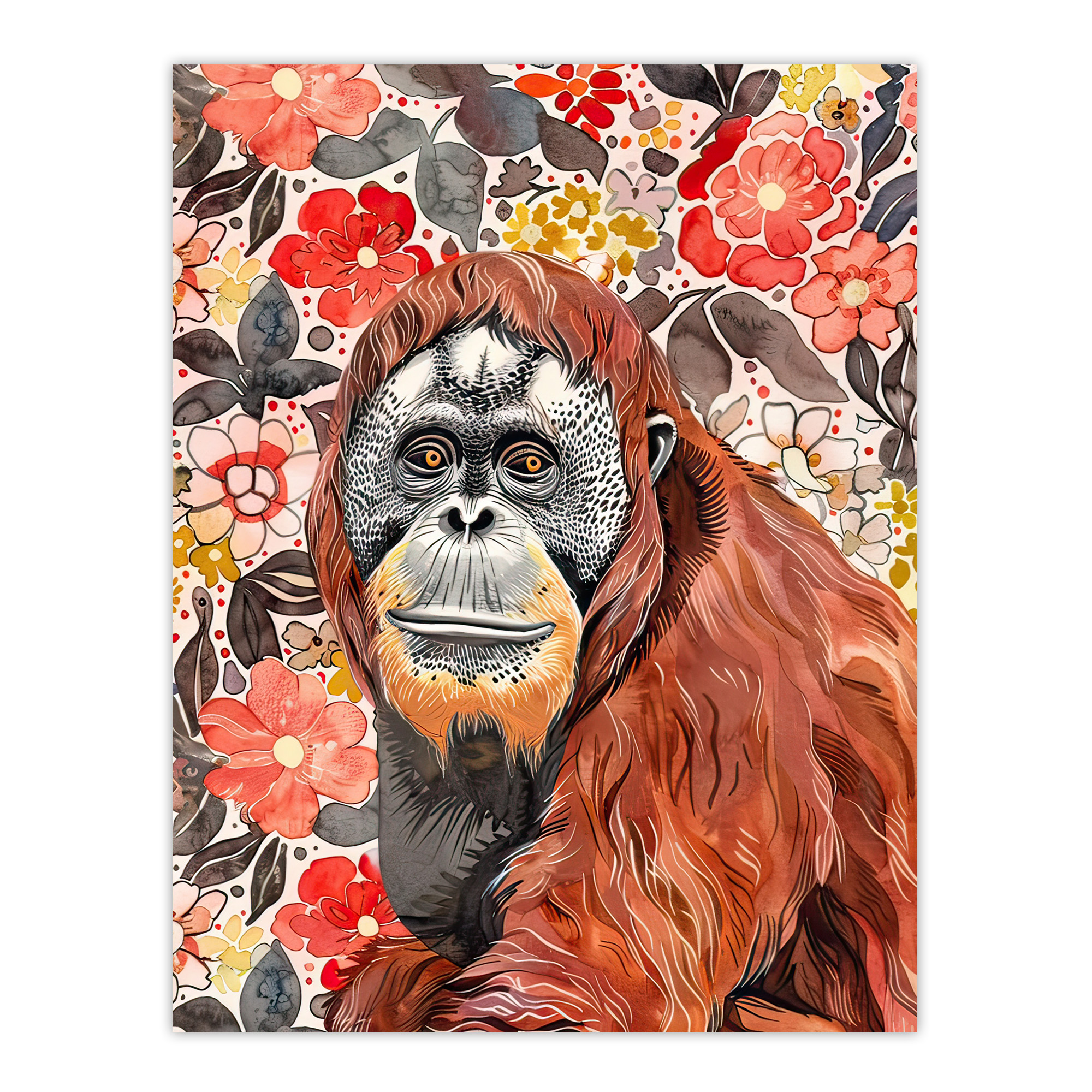Orangutan with Red Blooming Flowers Watercolour Wall Art Poster Print