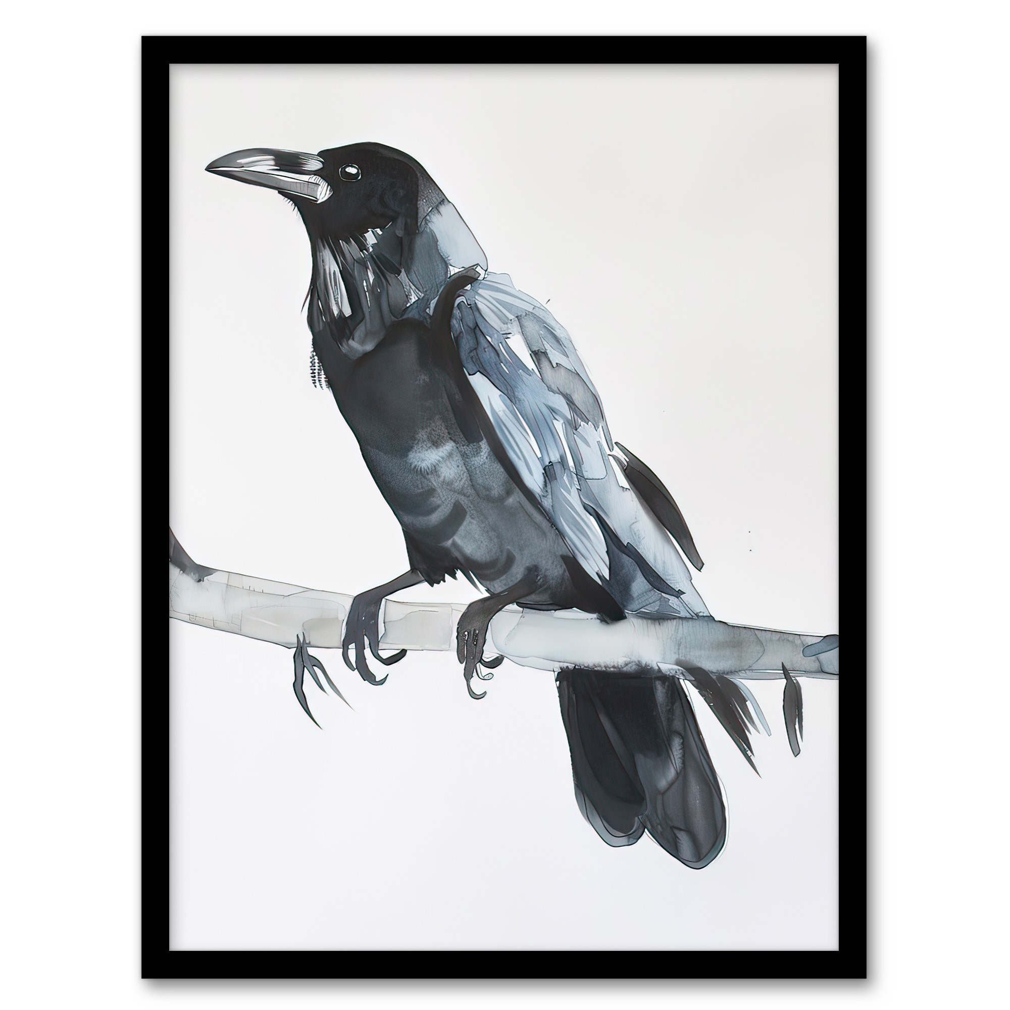 Raven Bird on Tree Branch Bright Watercolour Wall Art Poster Print