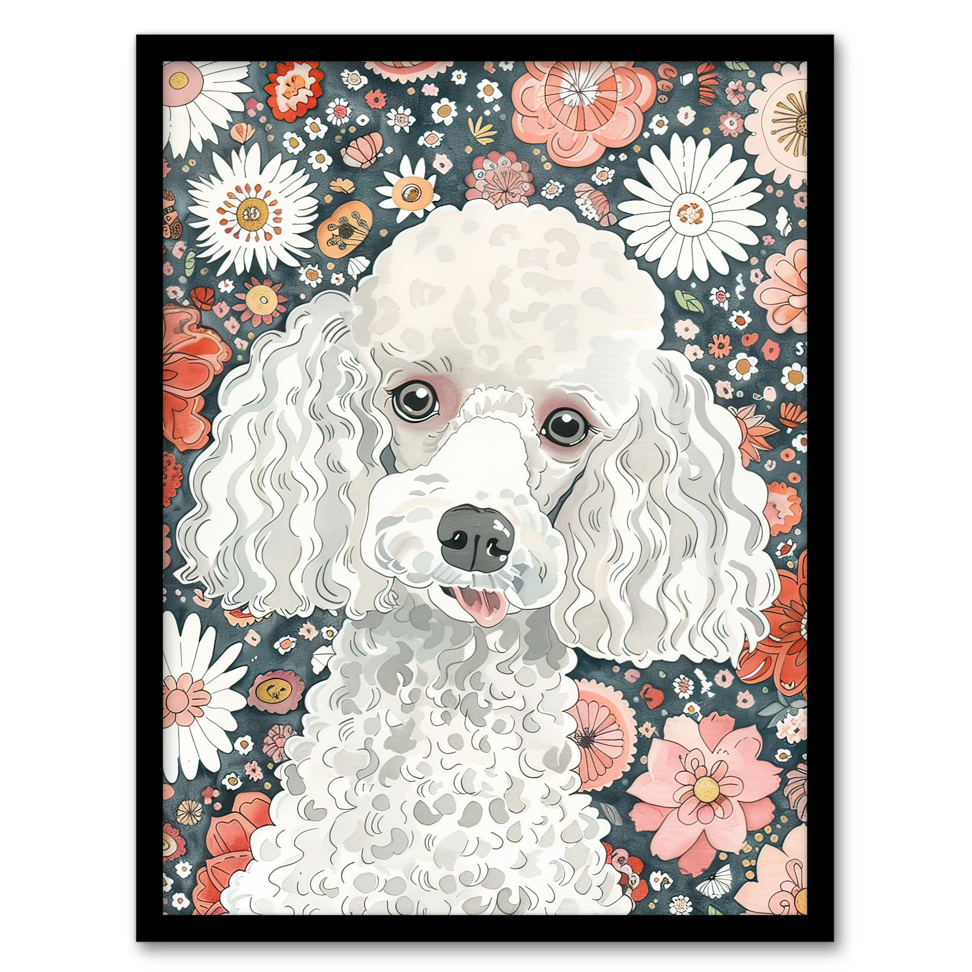 Quirky Poodle Dog Lover Floral Pet Portrait Wall Art Poster Print